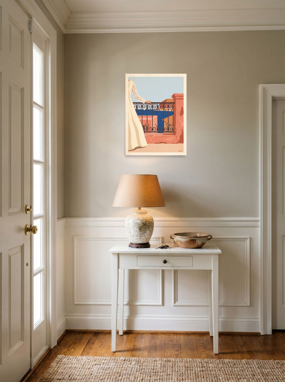 The Modernism print 'Coastal Balcony Breeze', 18x24 inch unframed paper, hanging in an entryway near a console.
