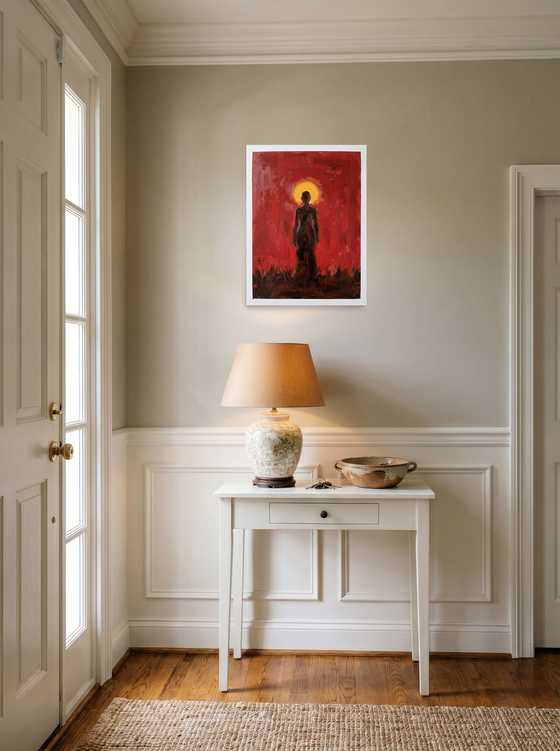 A 18x24 inch unframed paper Expressionism print of 'Crimson Halo' hanging in an entryway near a console.