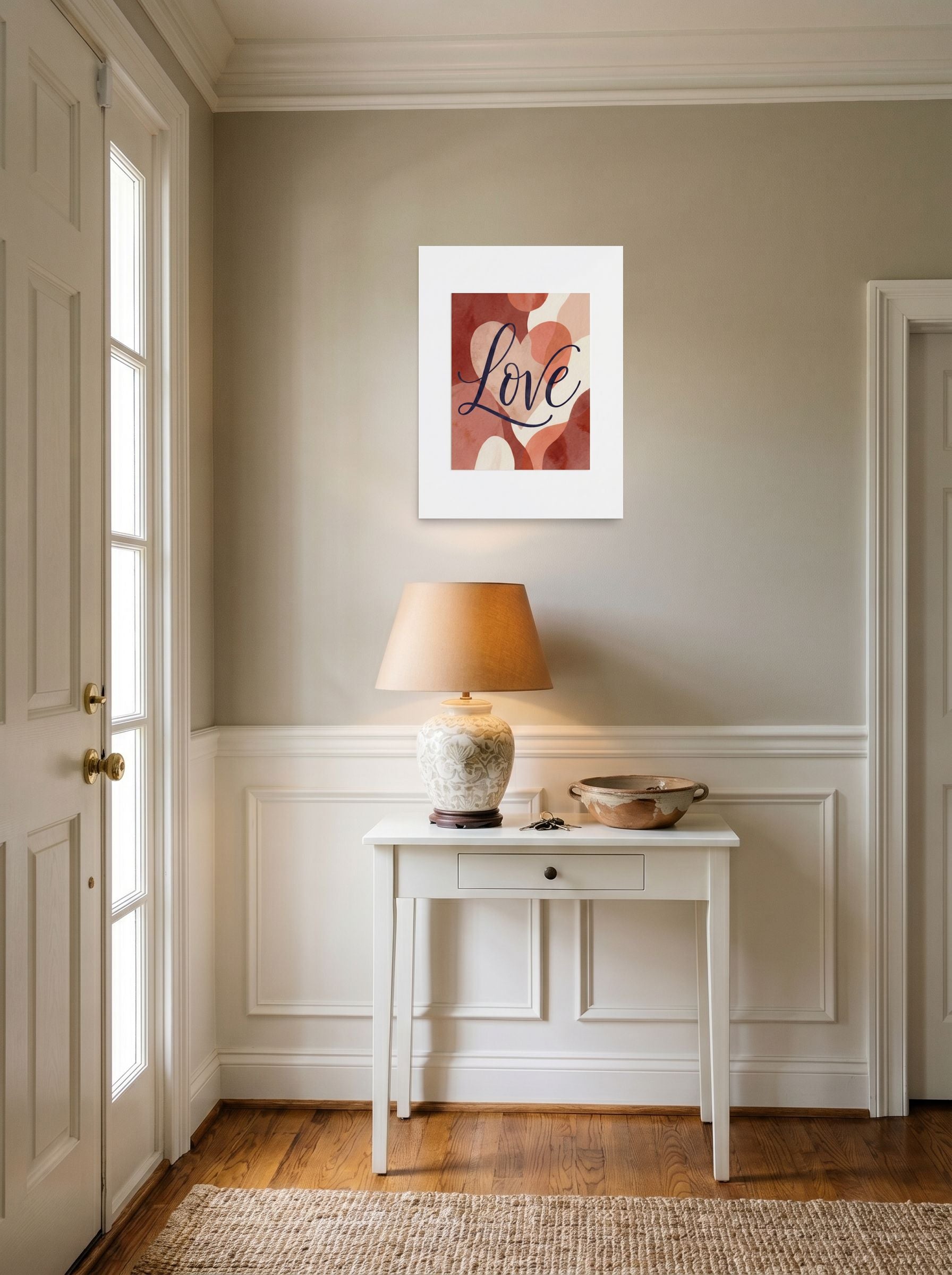 A 18x24 inch unframed paper Abstract art,Minimalism print of 'Painted Affection' hanging in an entryway near a console.