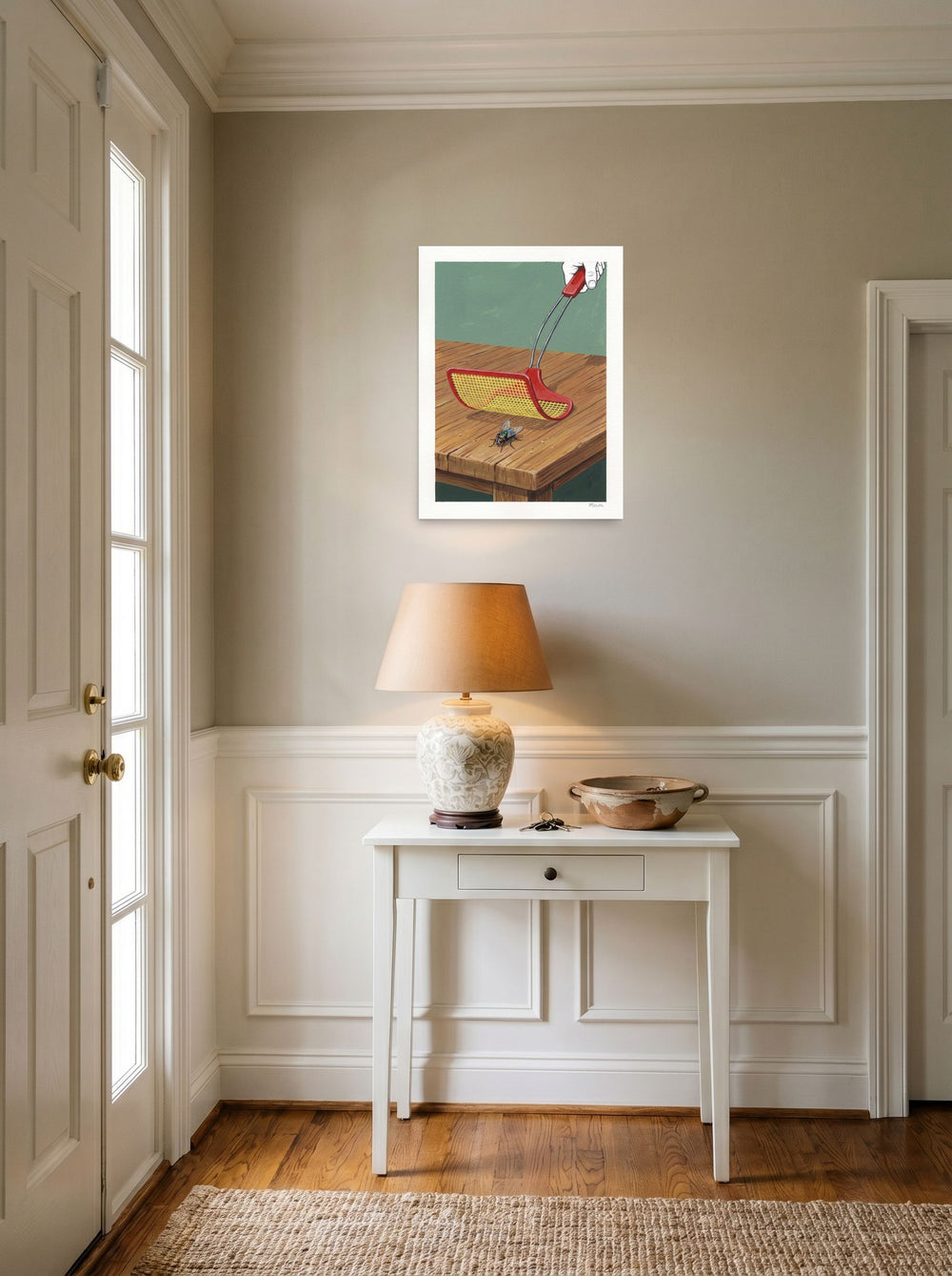 See 'The Impending Strike' as a unframed paper print (18x24 inch), styled above a console table in an entryway.