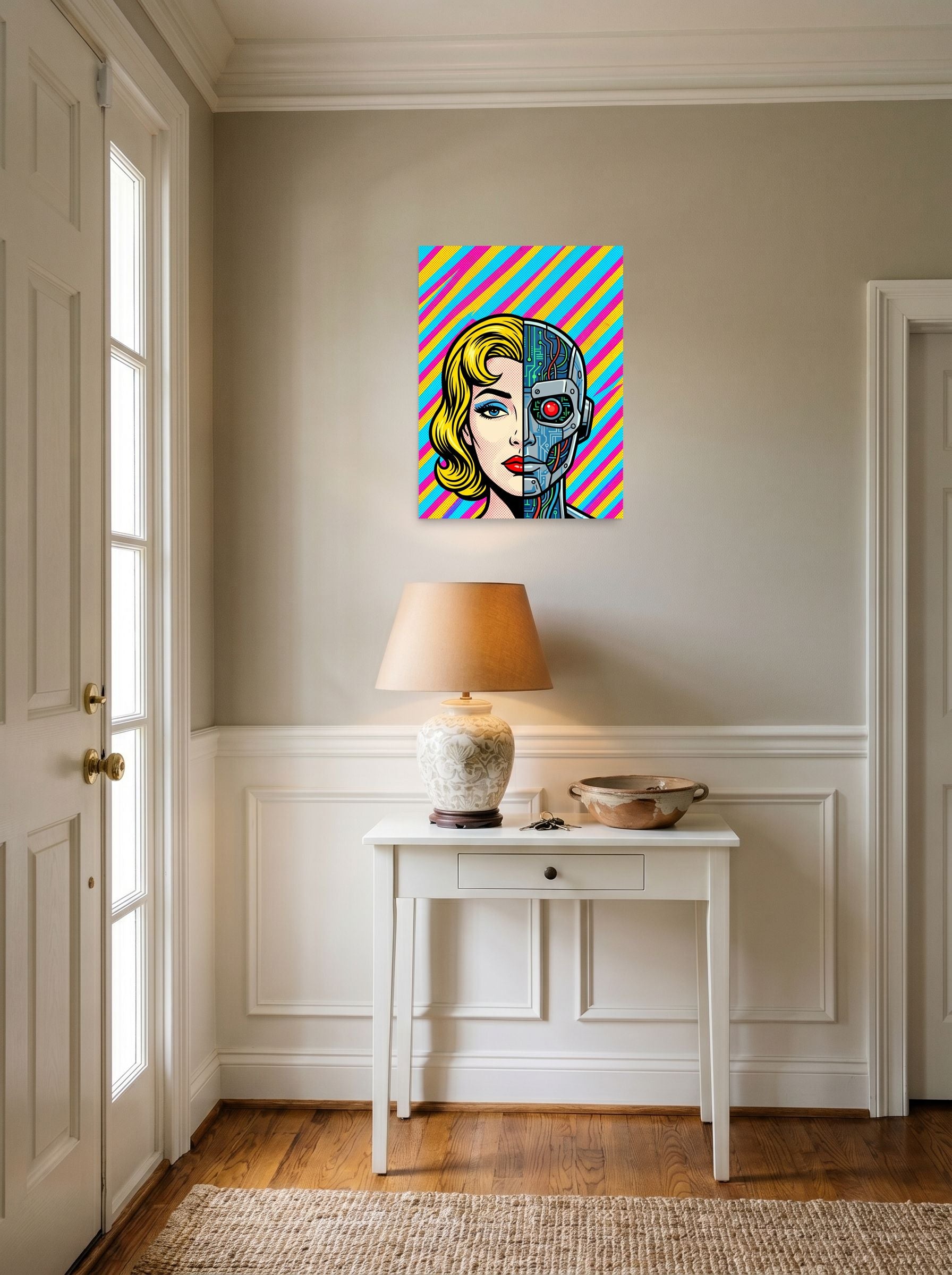 A 18x24 inch unframed paper Pop art print of 'Synthetic Beauty' hanging in an entryway near a console.