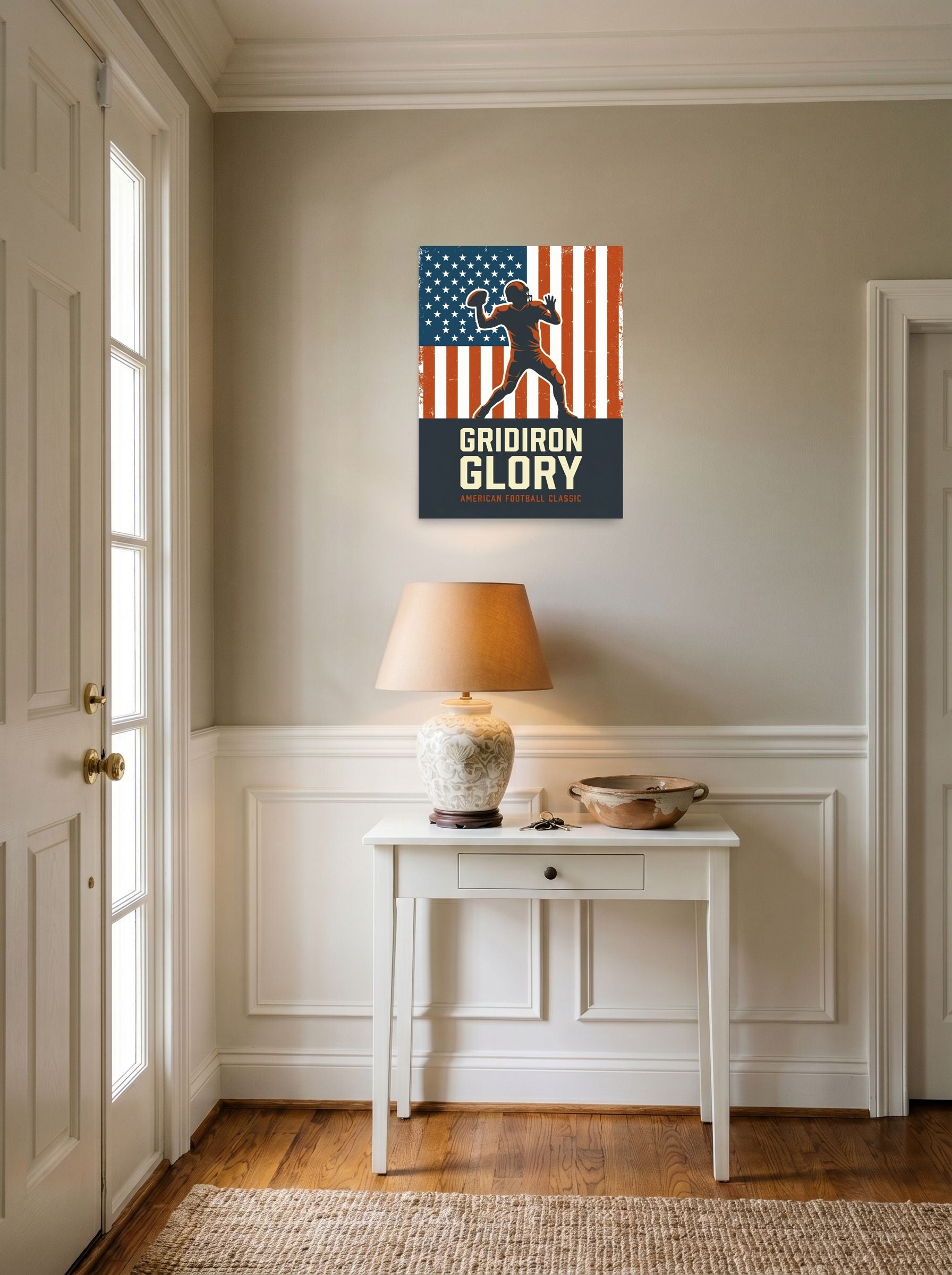 A 18x24 inch unframed paper Pop art,Digital art print of 'Gridiron Glory' hanging in an entryway near a console.