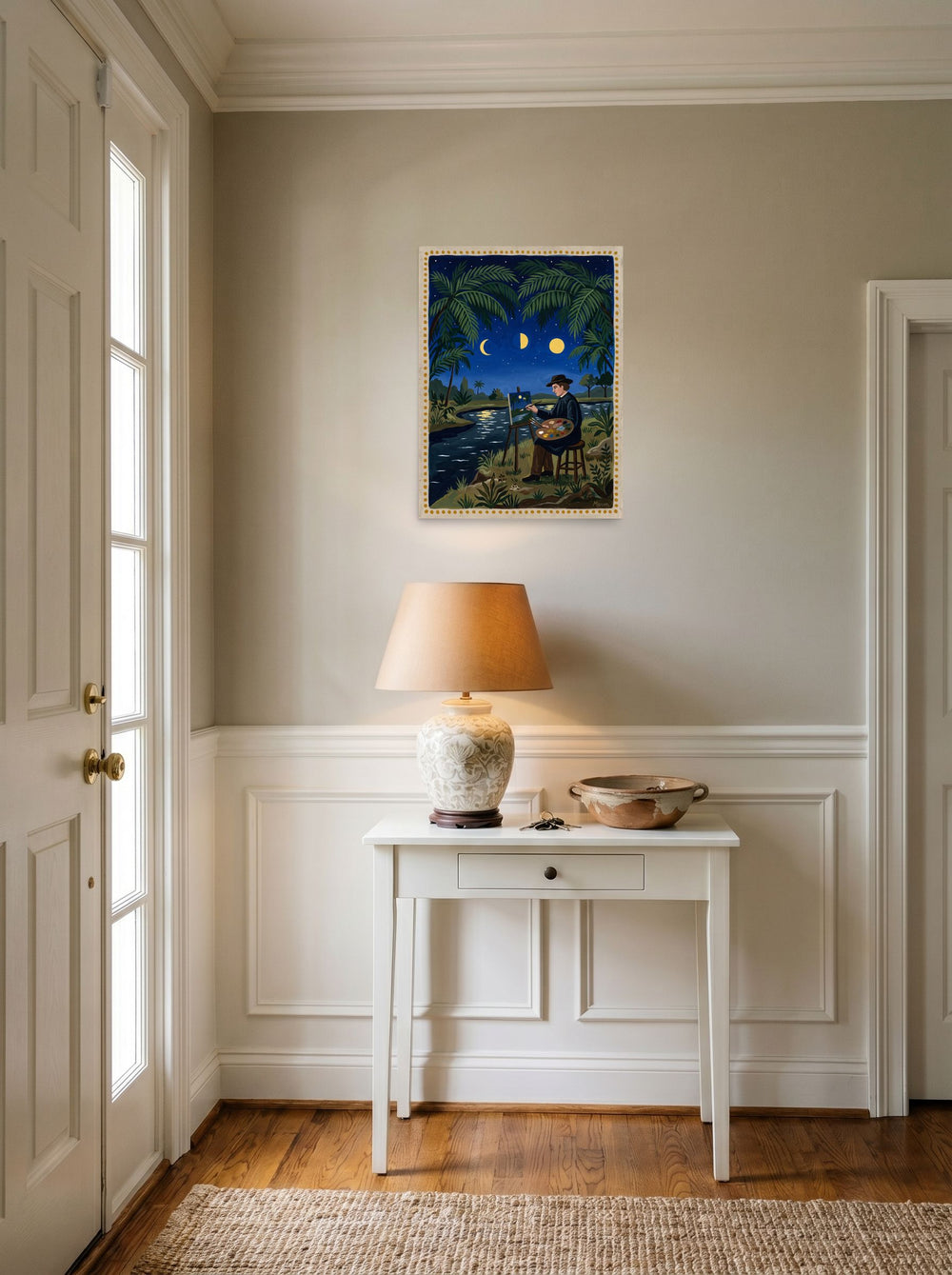 'Nocturne Artist' in 18x24 inch unframed paper, styled above a console table in an entryway.