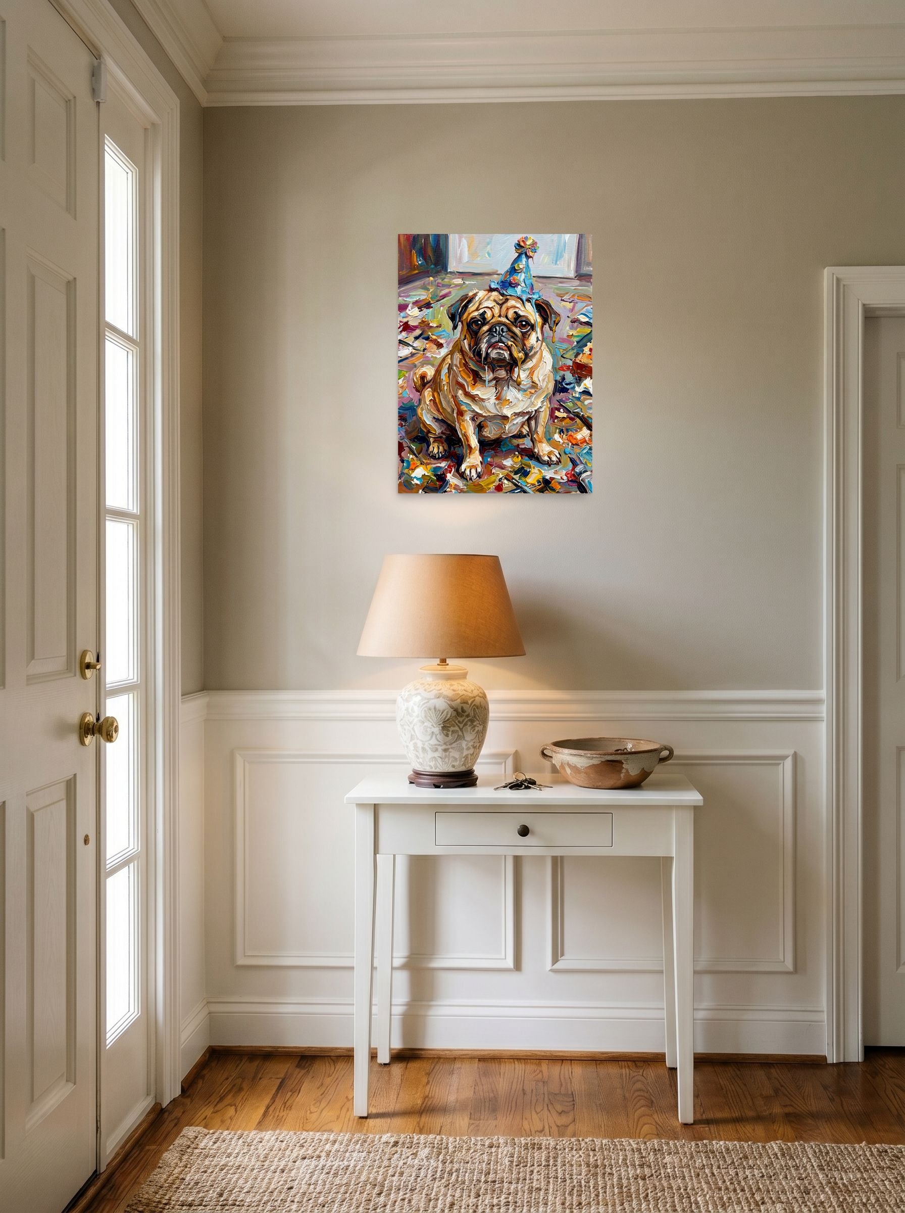 A 18x24 inch unframed paper Expressionism,Pop art print of 'Messy Celebration' hanging in an entryway near a console.