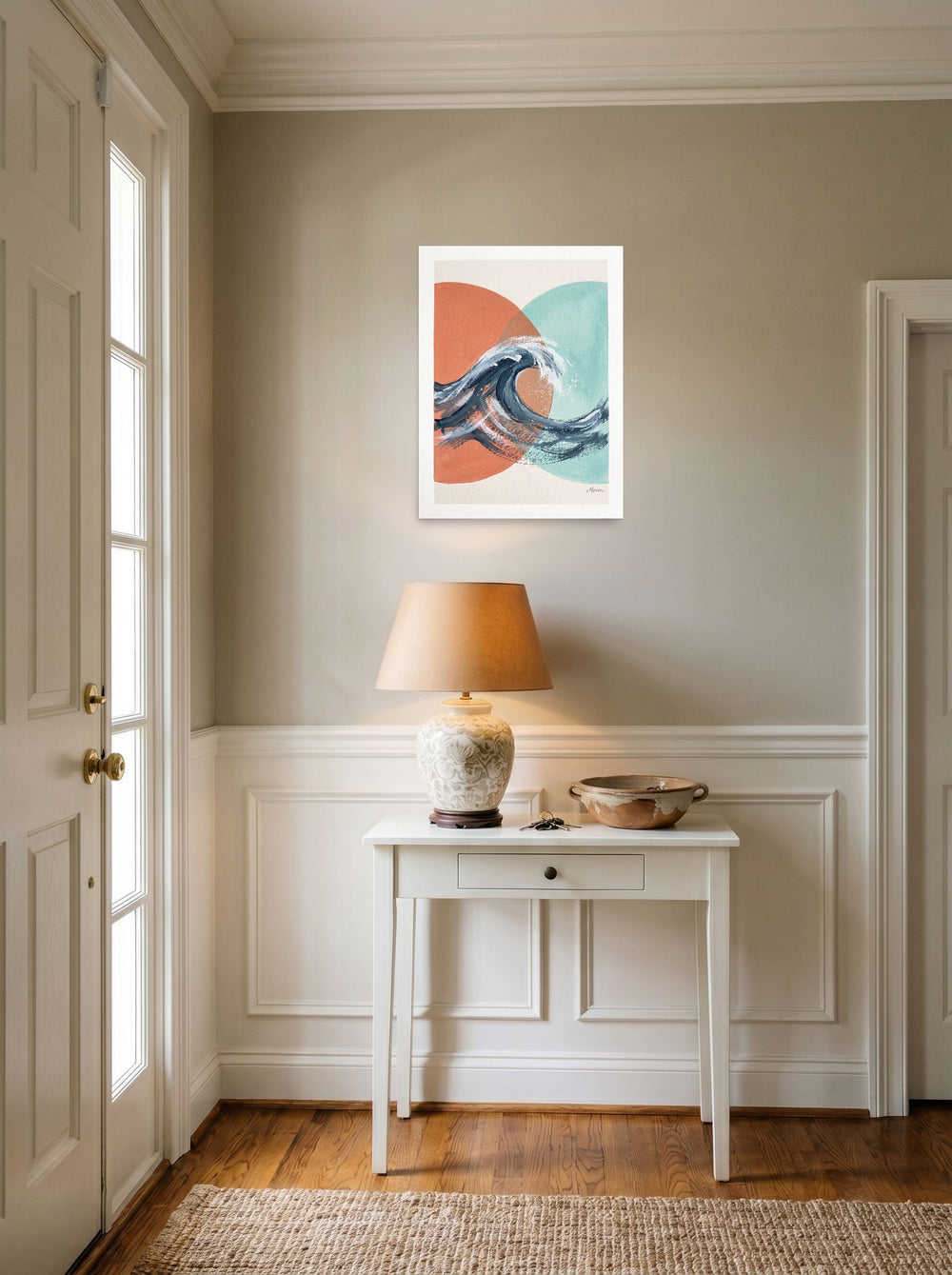 unframed paper wall art 'Tidal Intersect' set against a bright entryway wall, at 18x24 inch.