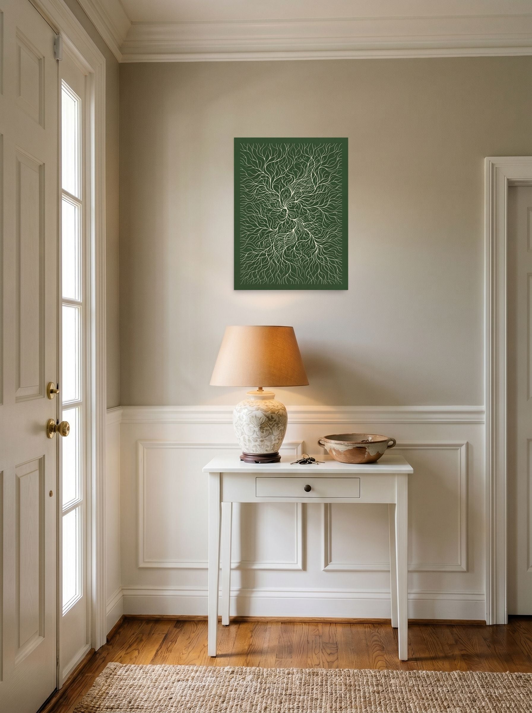 A 18x24 inch unframed paper Abstract art,Minimalism print of 'Emerald Roots' hanging in an entryway near a console.