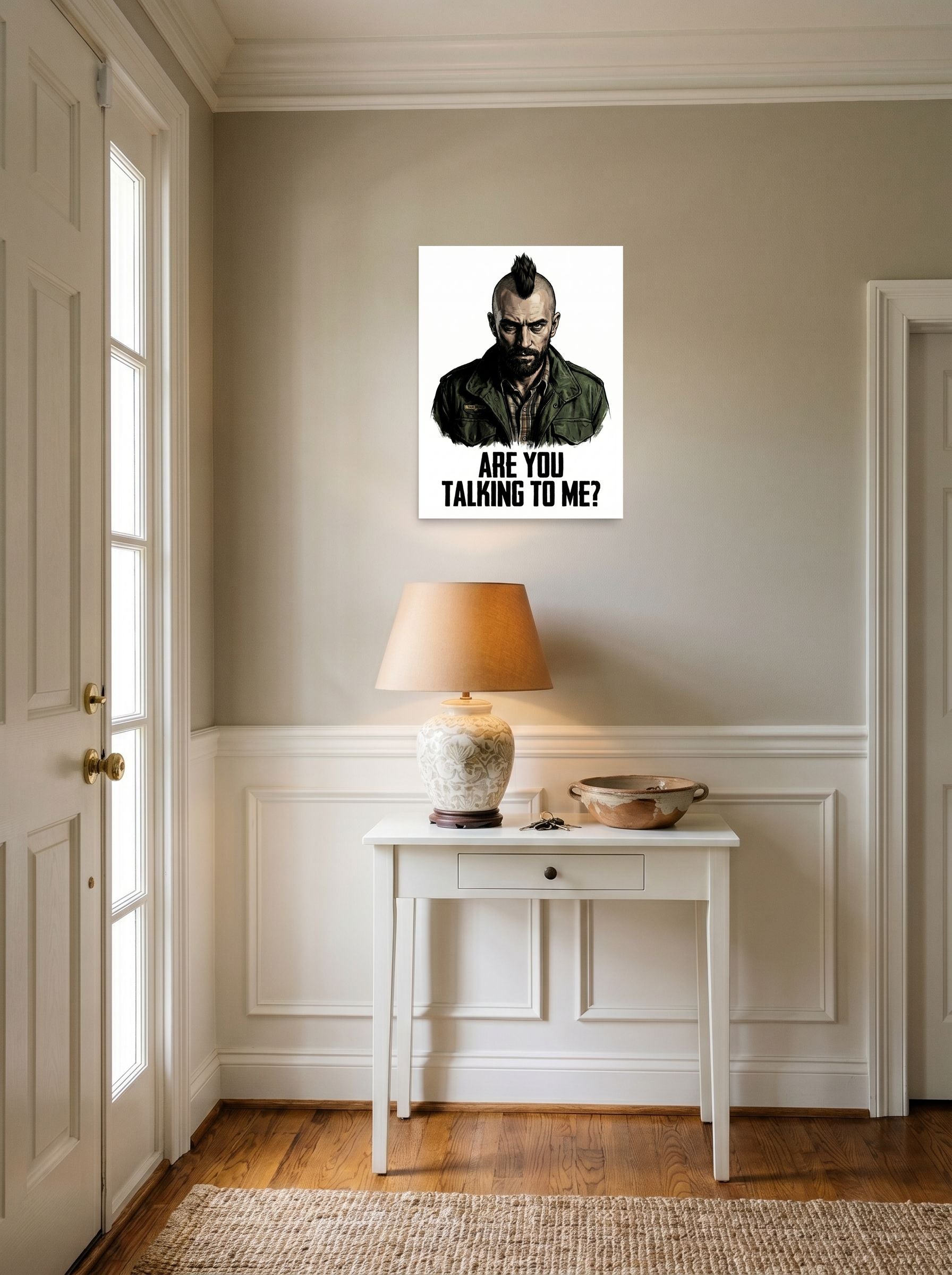 A 18x24 inch unframed paper Pop art,Digital art print of 'Talking to Me' hanging in an entryway near a console.