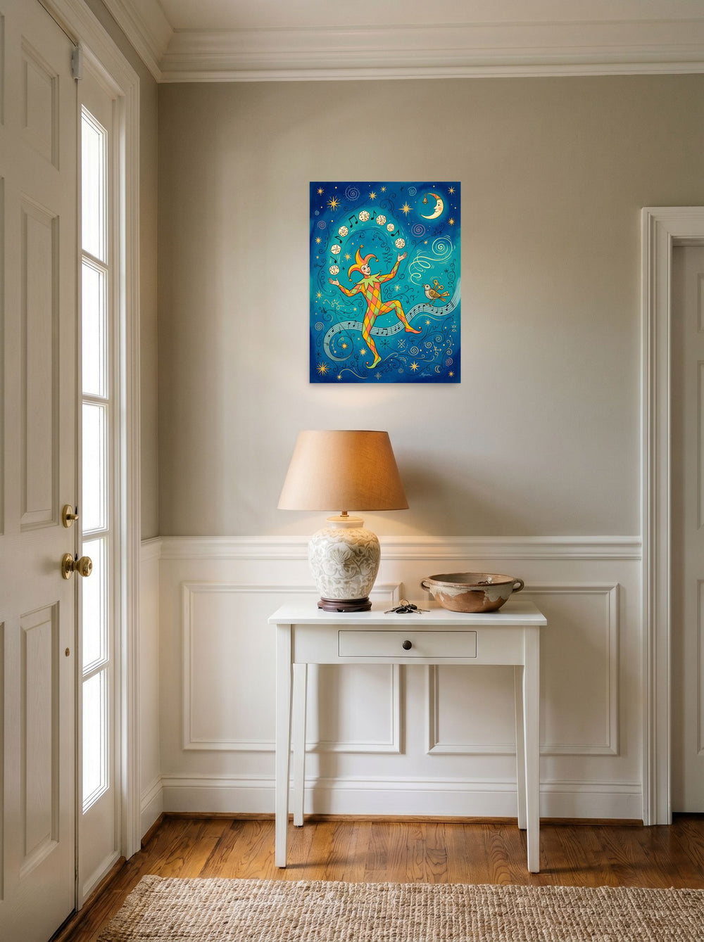 A 18x24 inch unframed paper version of 'The Jester's Gamble', Symbolism wall art, set against a bright entryway wall.