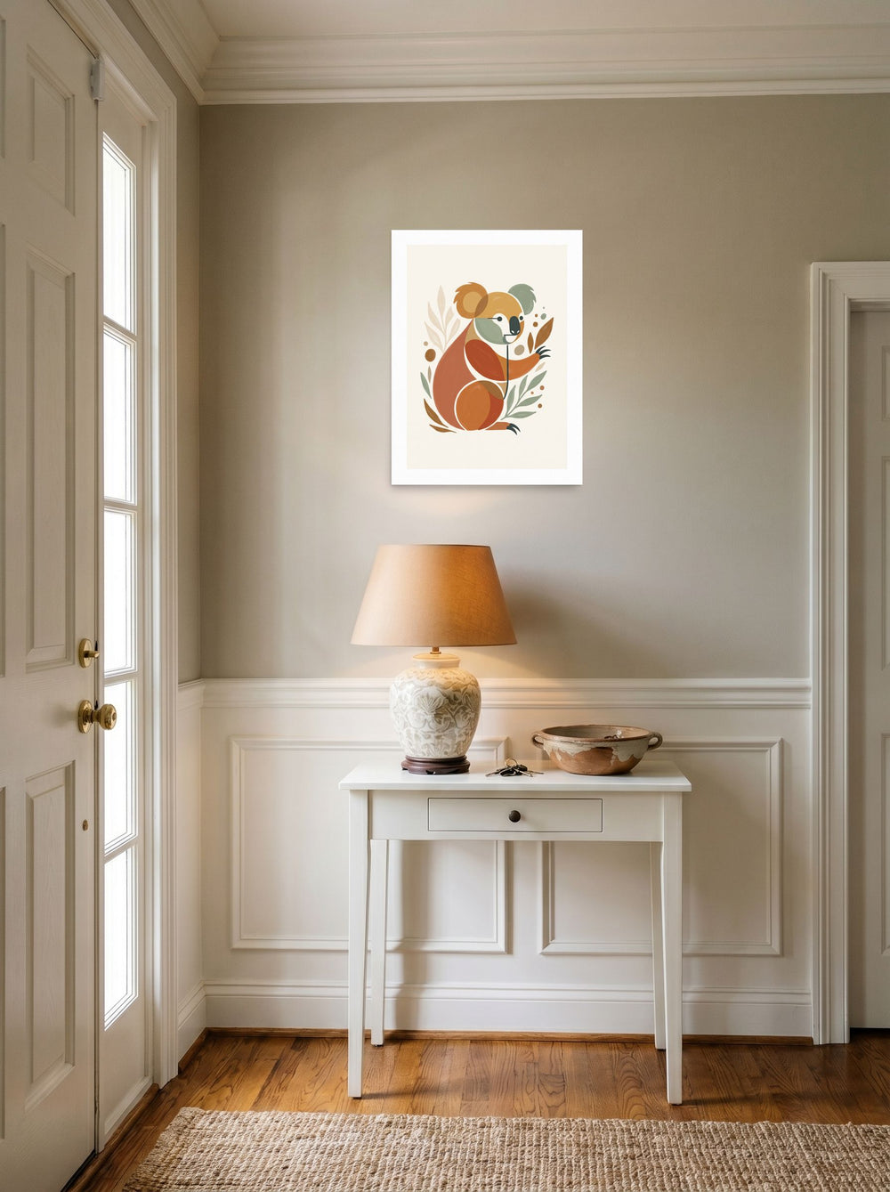 A 18x24 inch unframed paper Minimalism,Abstract art print of 'Geometric Koala Bear' hanging in an entryway near a console.
