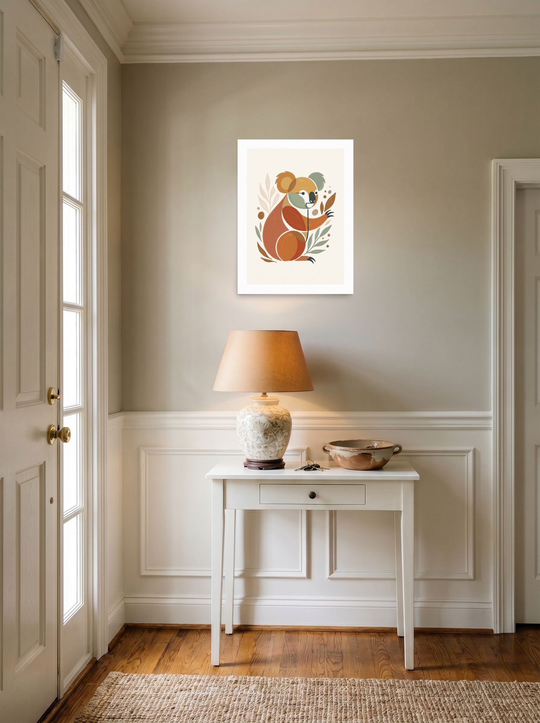 A 18x24 inch unframed paper Minimalism,Abstract art print of 'Geometric Koala Bear' hanging in an entryway near a console.