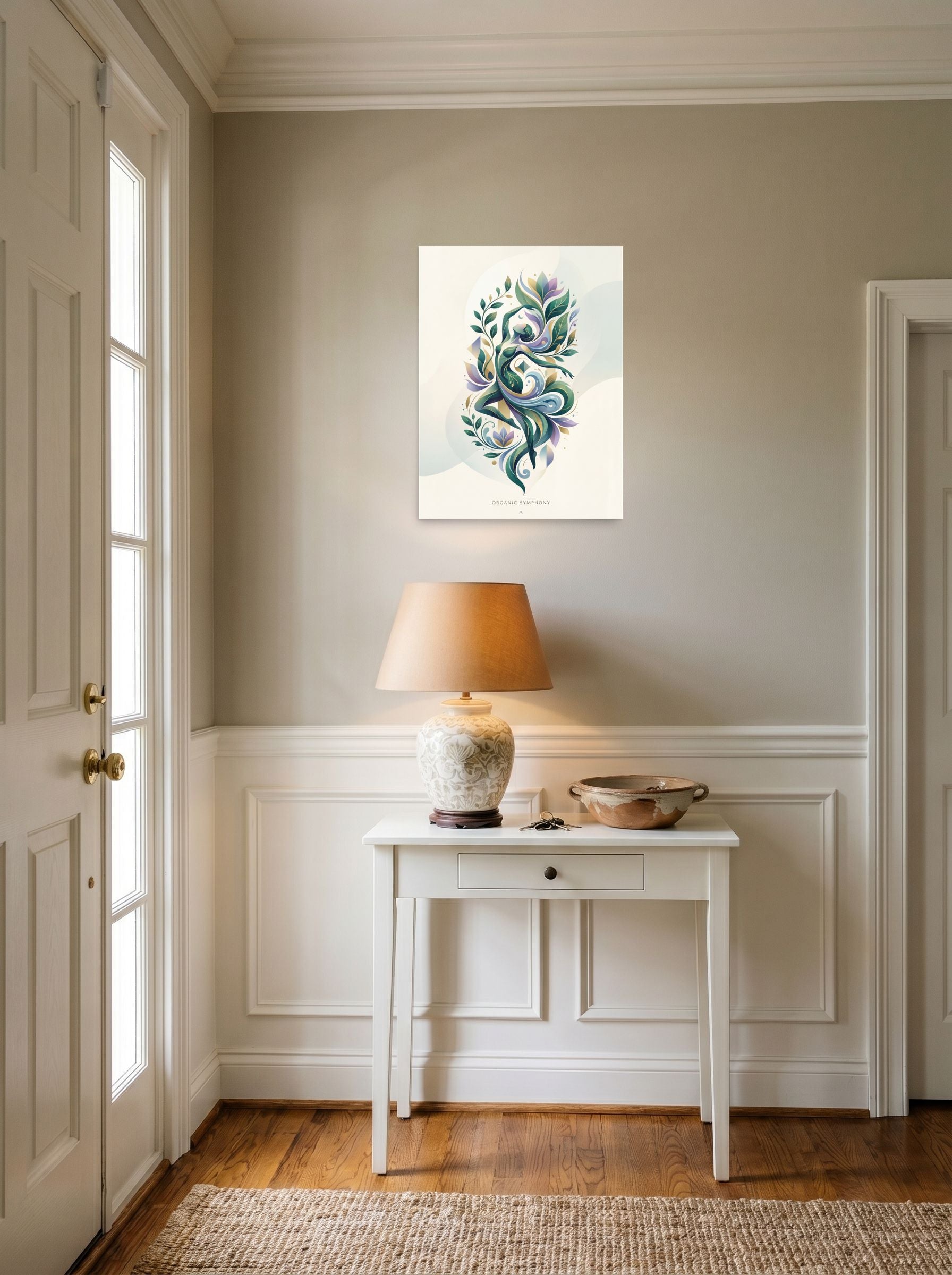 A 18x24 inch unframed paper Art Nouveau print of 'Organic Symphony' hanging in an entryway near a console.