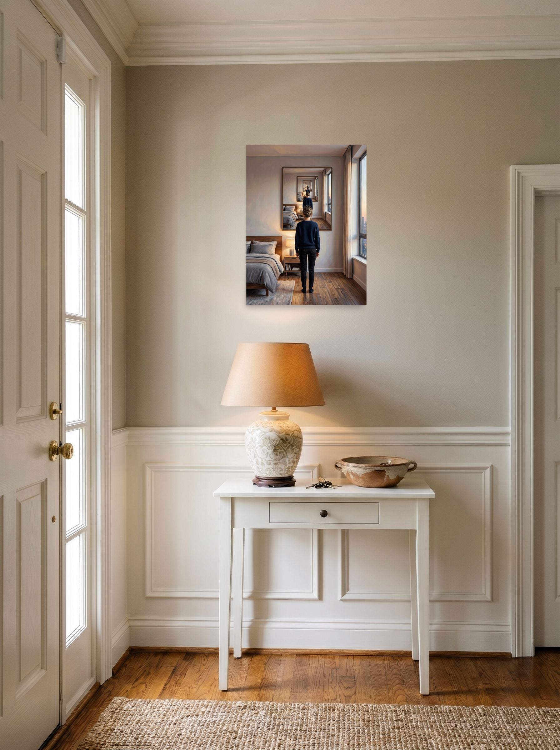 A 18x24 inch unframed paper Surrealism,Magic realism print of 'The Infinite Self' hanging in an entryway near a console.