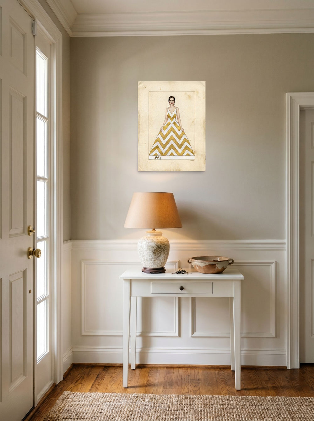 A 18x24 inch unframed paper Art Deco,Surrealism print of 'The Golden Chevron' hanging in an entryway near a console.