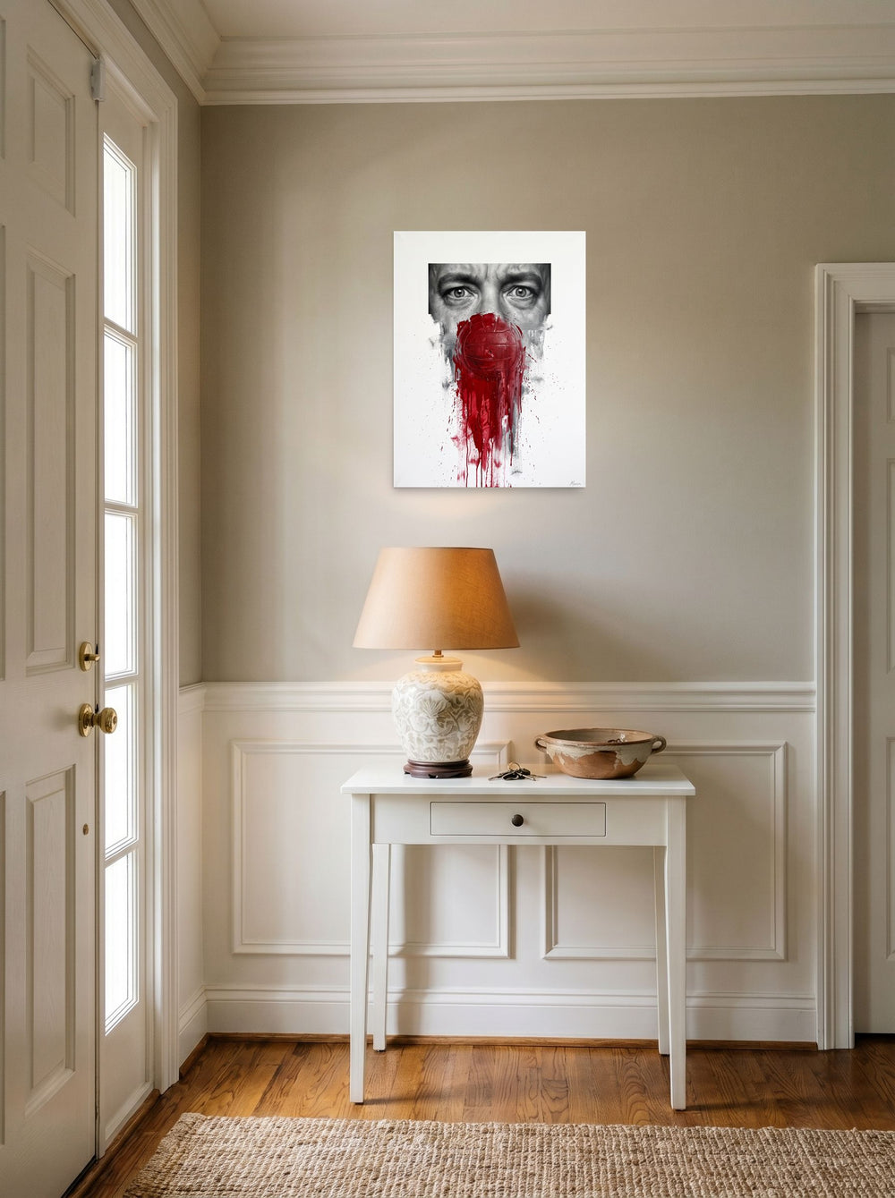'Silent Companion' as a unframed paper print, 18x24 inch, hanging in an entryway near a console.