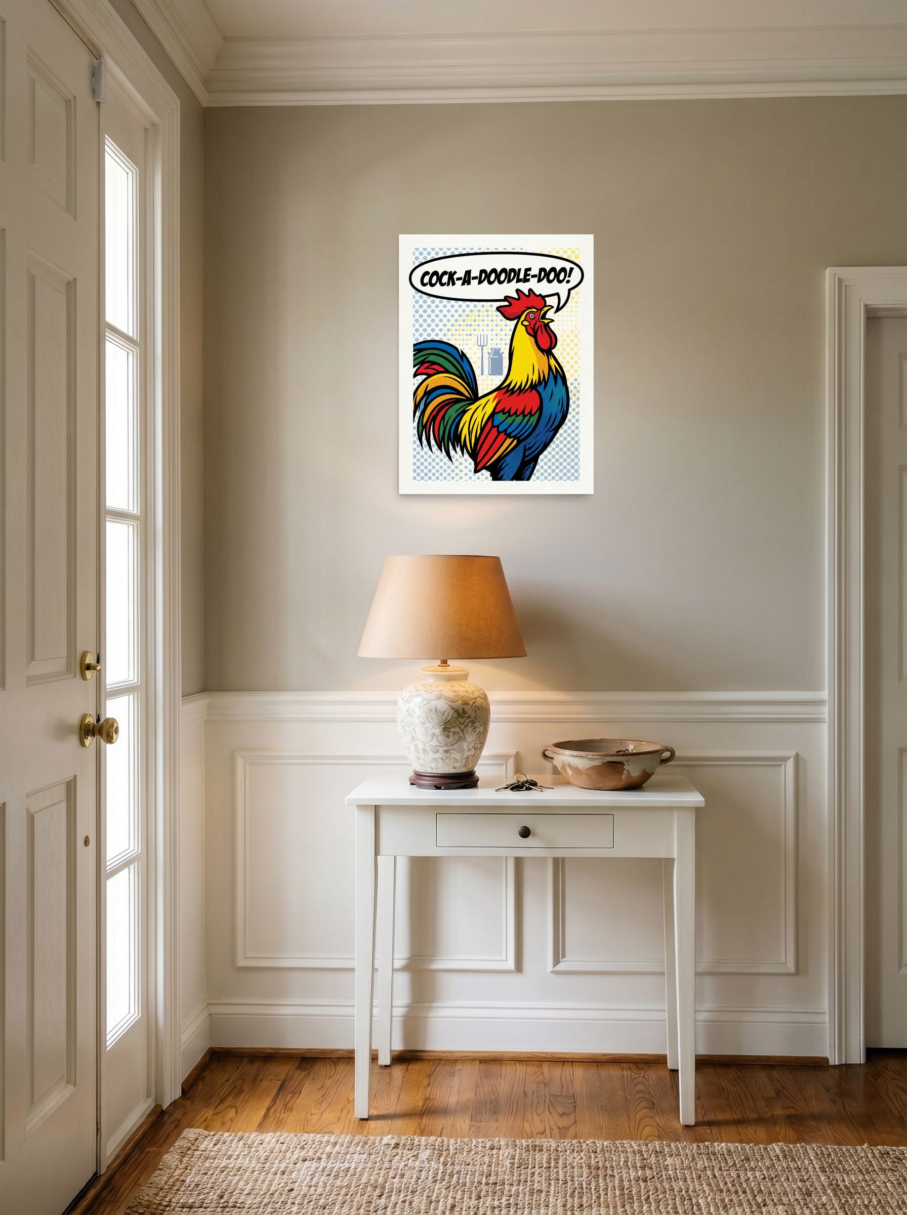 A 18x24 inch unframed paper Pop art print of 'Morning Call' hanging in an entryway near a console.