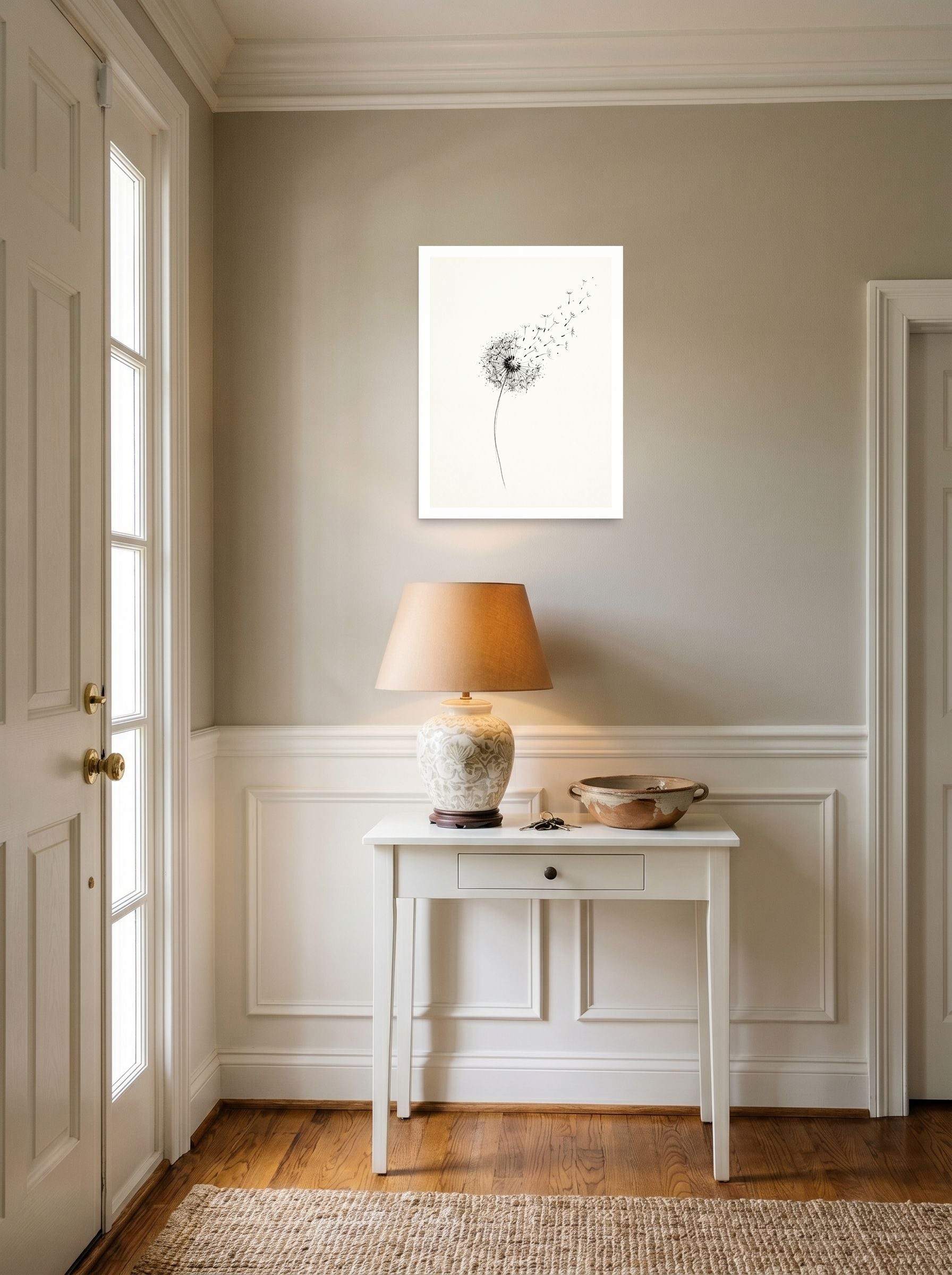 A 18x24 inch unframed paper Minimalism print of 'Whispering Wishes' hanging in an entryway near a console.