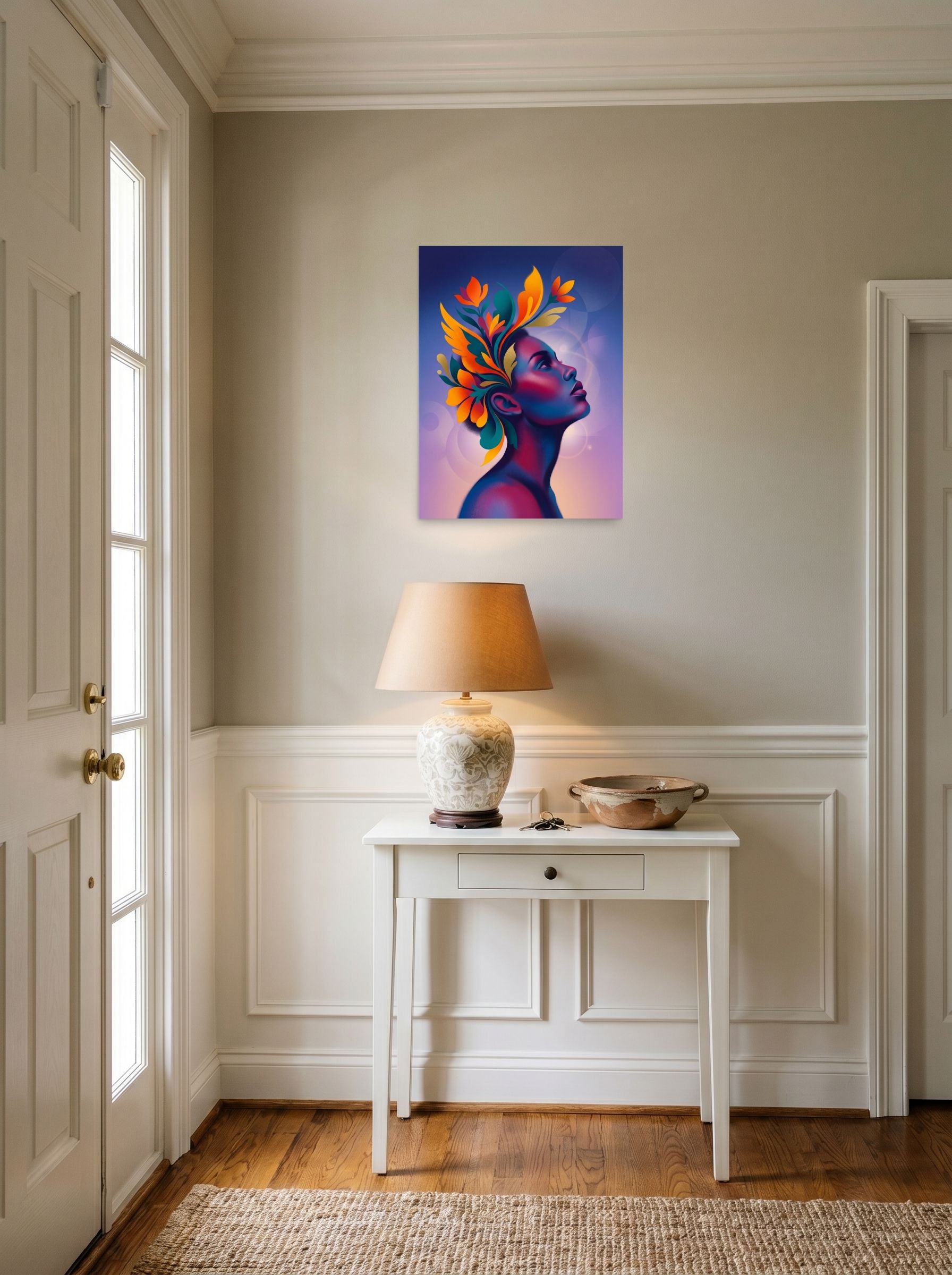A 18x24 inch unframed paper Surrealism print of 'Blossoming Thoughts' hanging in an entryway near a console.