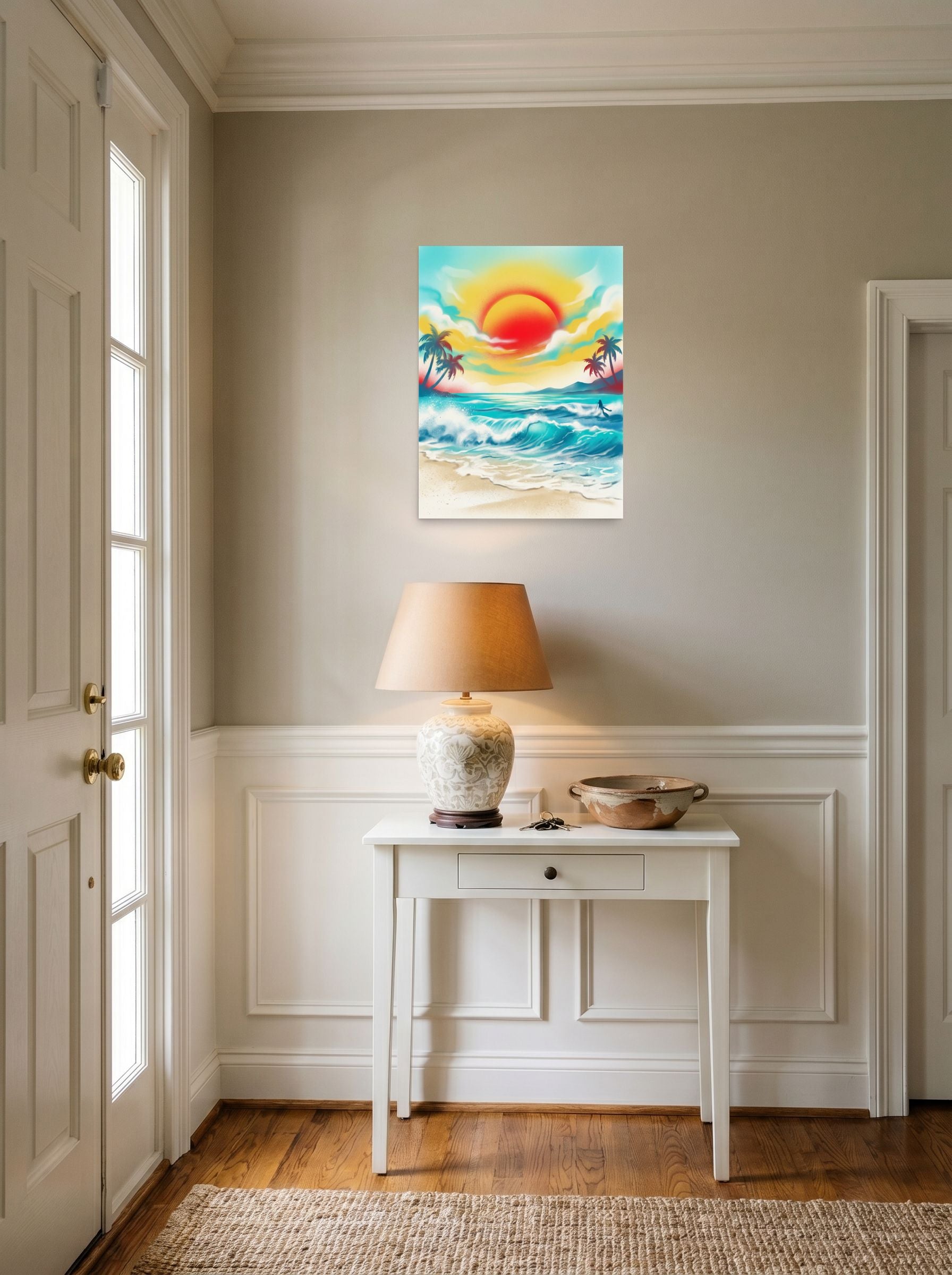 A 18x24 inch unframed paper Pop art print of 'Tropical Sunburst' hanging in an entryway near a console.