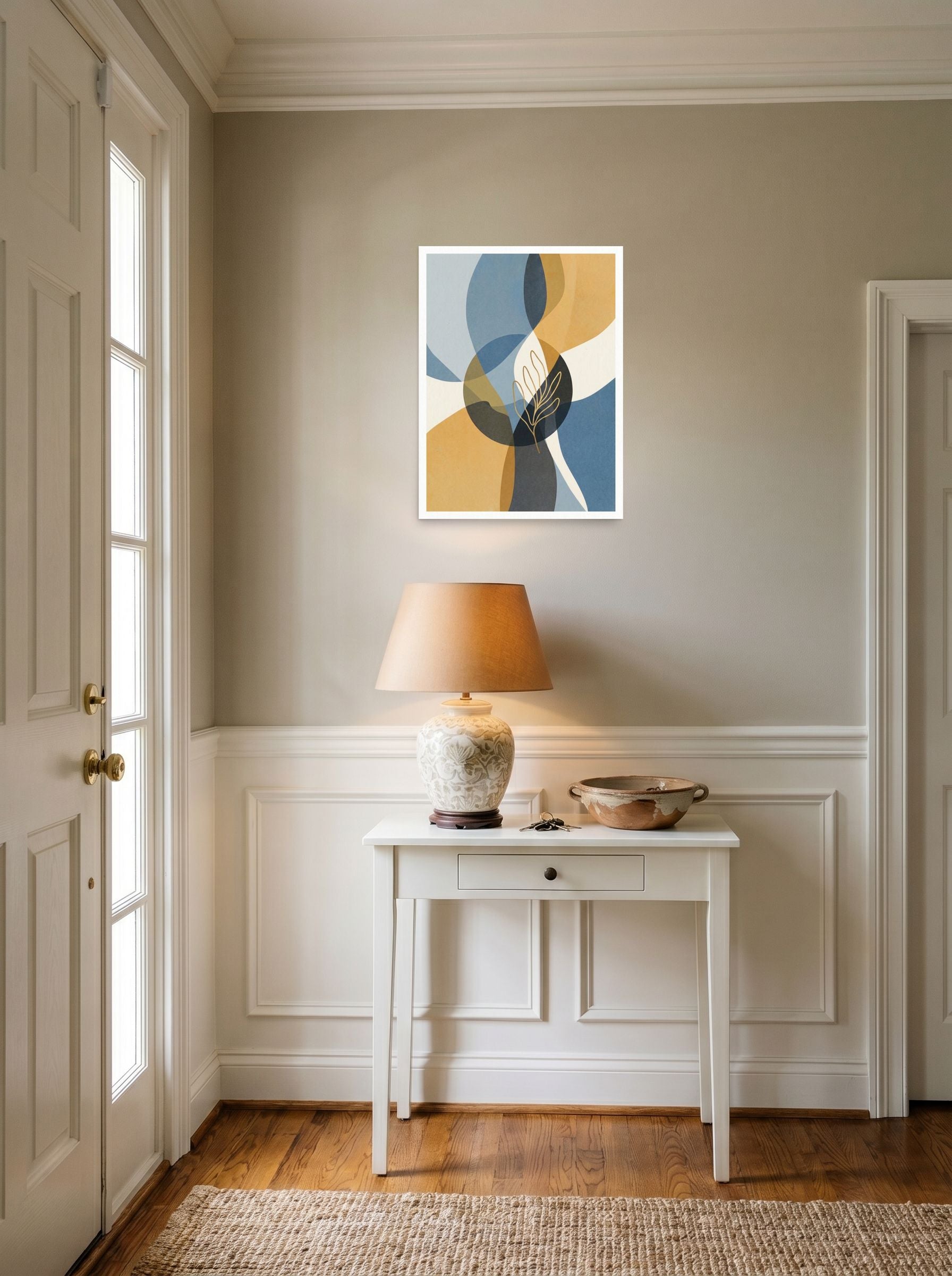 A 18x24 inch unframed paper Abstract art,Minimalism print of 'Serene Geometry' hanging in an entryway near a console.