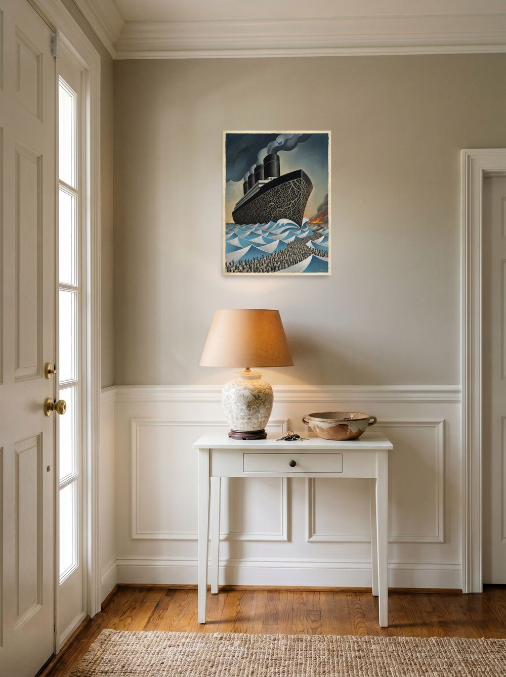 A 18x24 inch unframed paper Surrealism,Art Deco print of 'The Rooted Voyage' hanging in an entryway near a console.