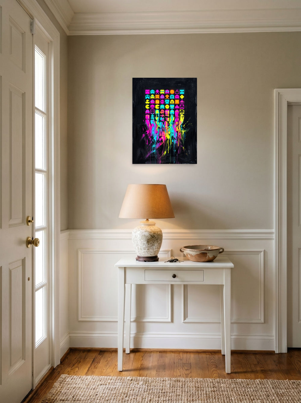 'Meltdown Arcade' set against a bright entryway wall, printed as unframed paper at 18x24 inch.