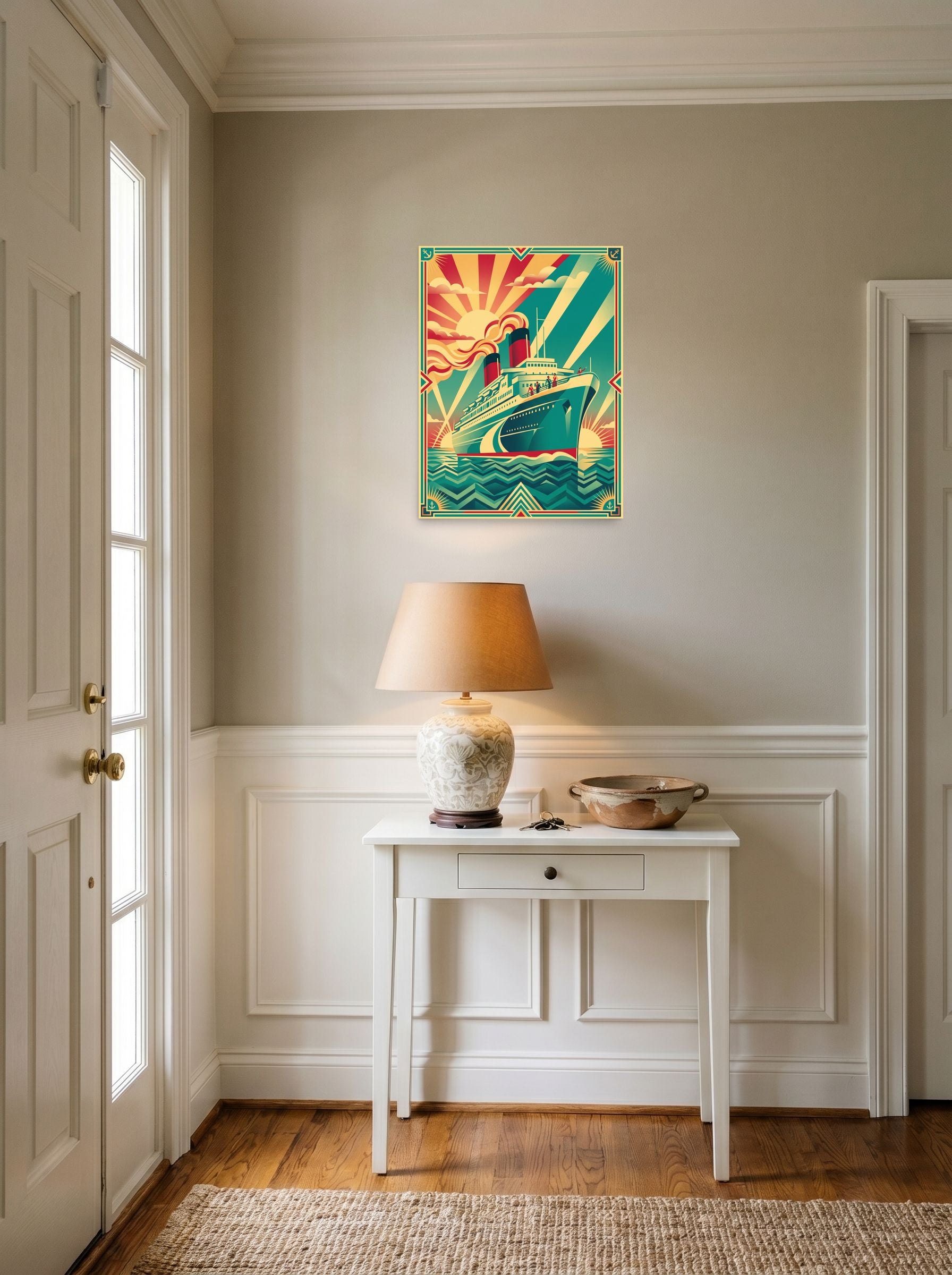 A 18x24 inch unframed paper Art Deco print of 'Voyage of the Sunburst' hanging in an entryway near a console.