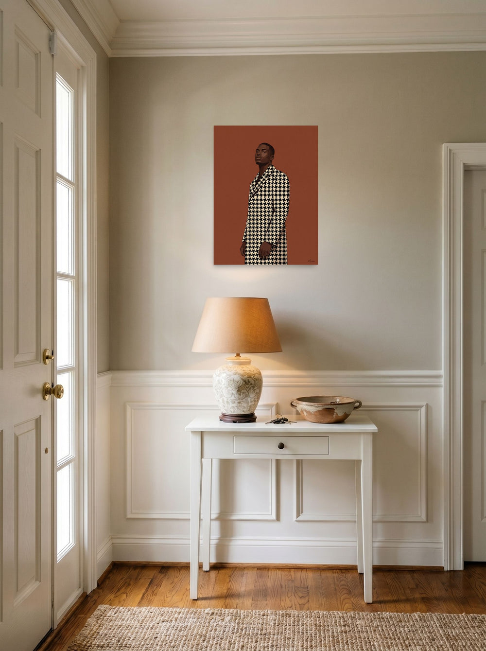 A 18x24 inch unframed paper Figurative art,Realism print of 'Houndstooth Elegance' hanging in an entryway near a console.