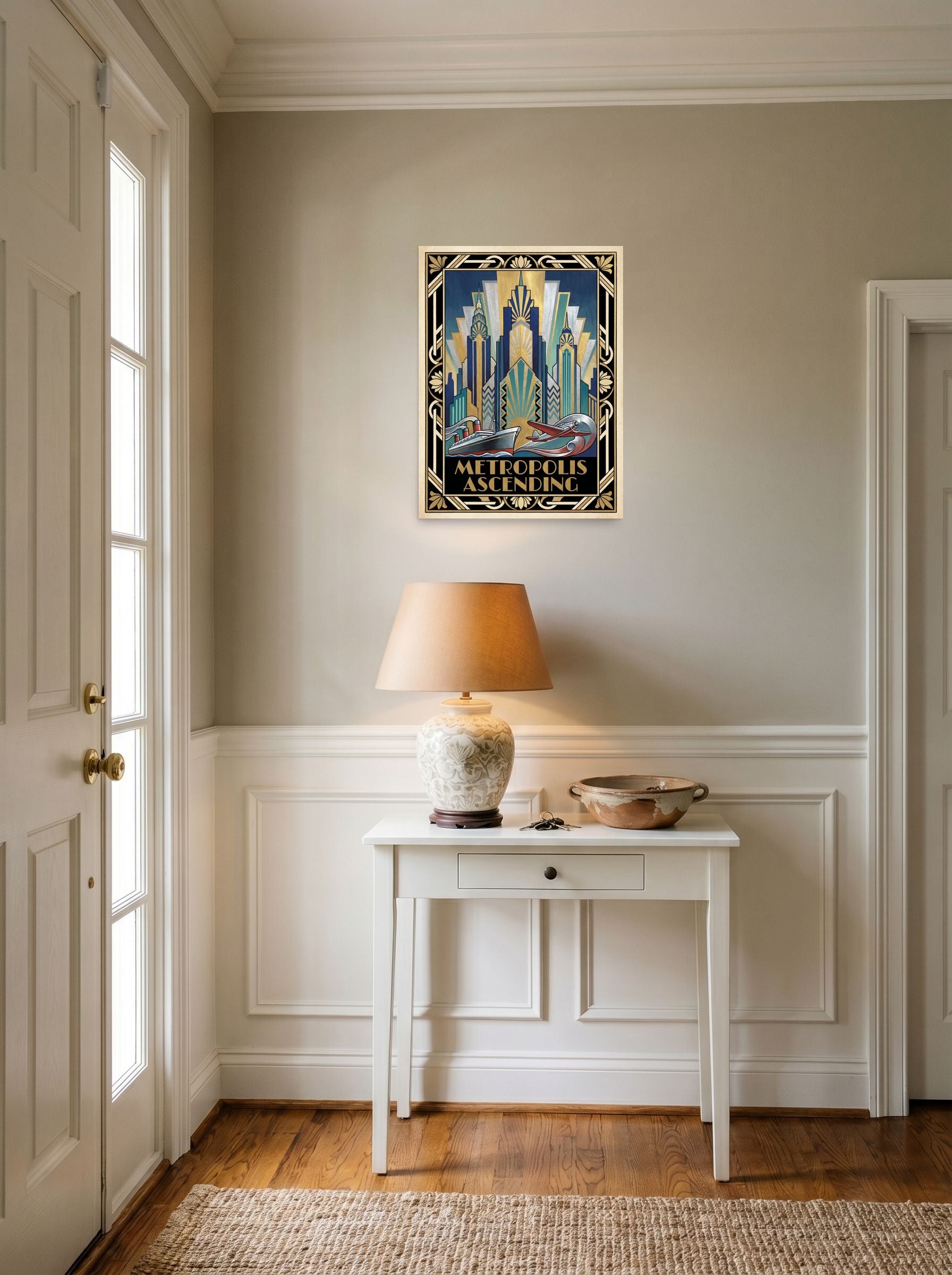 A 18x24 inch unframed paper Art Deco print of 'Metropolis Ascending' hanging in an entryway near a console.