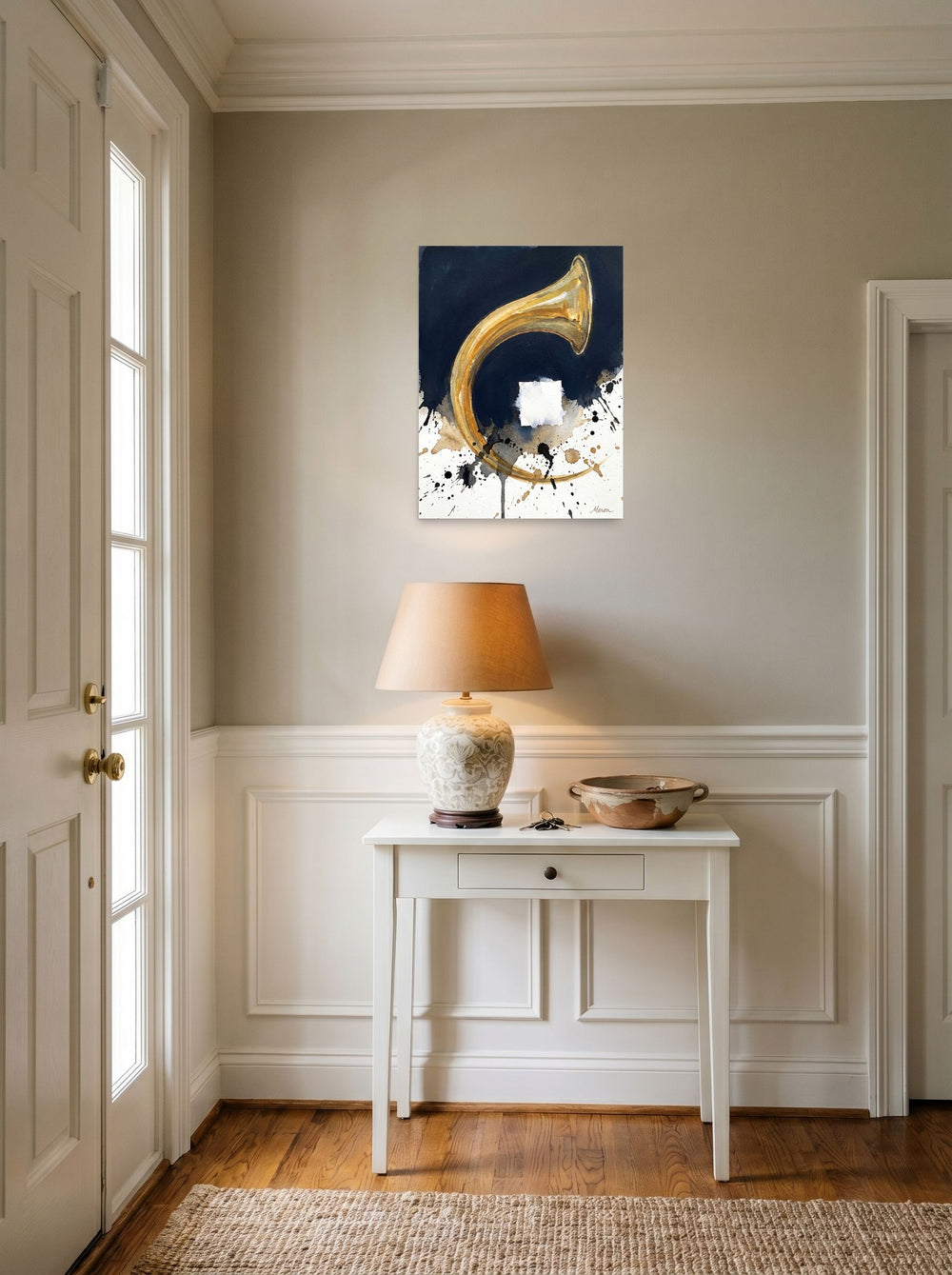 See 'Crescendo in Gold' as a unframed paper print (18x24 inch), set against a bright entryway wall.