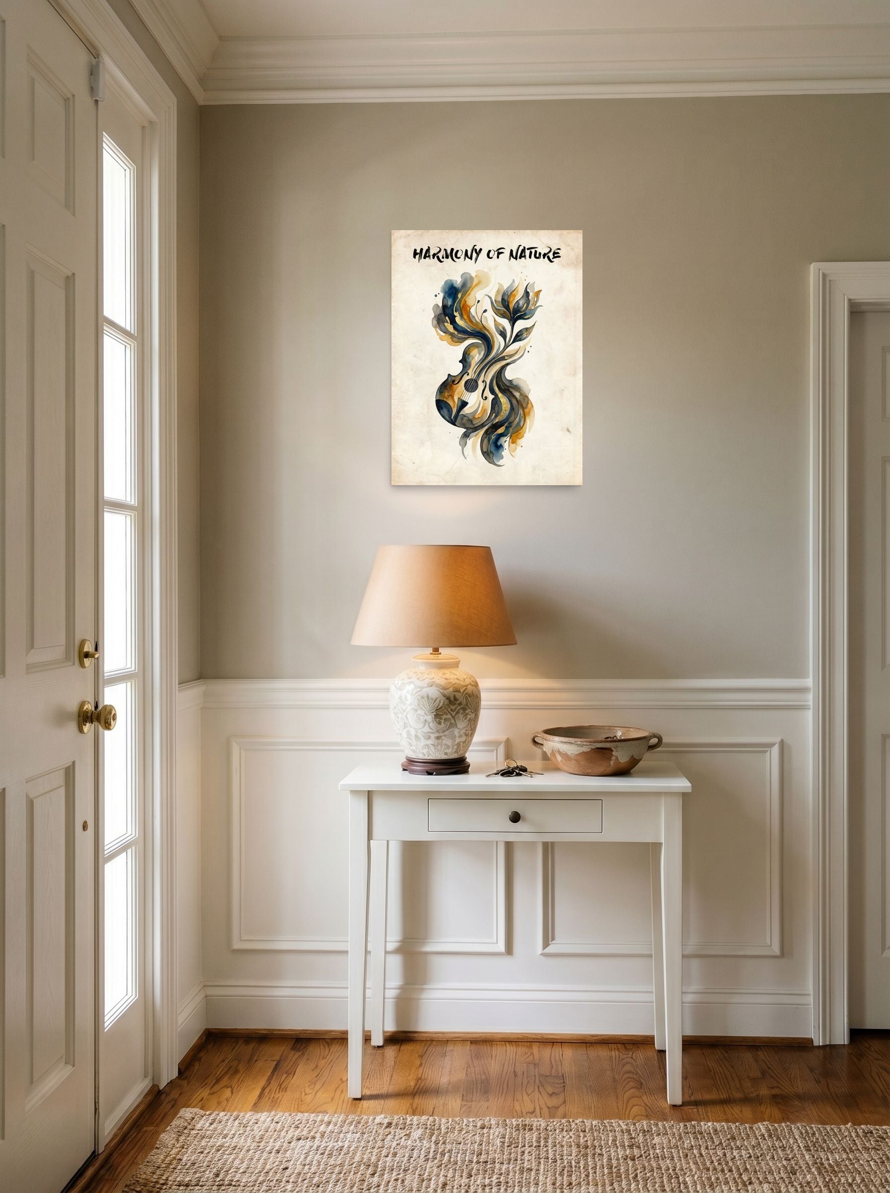 A 18x24 inch unframed paper Fine Art print of 'Harmony of Nature' hanging in an entryway near a console.