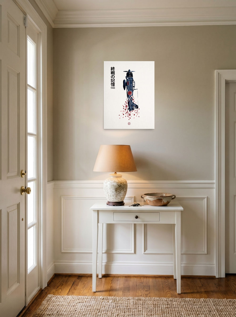 A 18x24 inch unframed paper Shin hanga print of 'Memories of 1945', styled above a console table in an entryway.