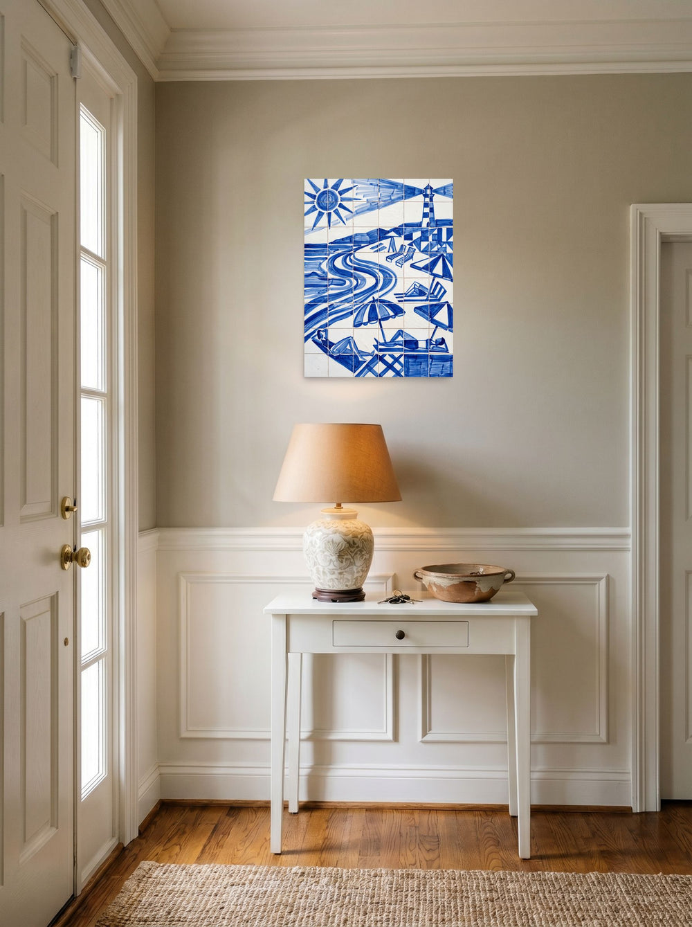 A 18x24 inch unframed paper Geometric abstract art print of 'The Blue Riviera' hanging in an entryway near a console.