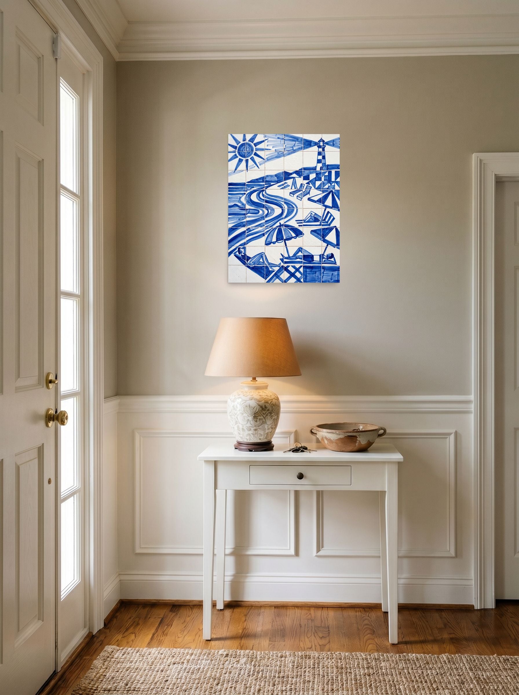 A 18x24 inch unframed paper Geometric abstract art print of 'The Blue Riviera' hanging in an entryway near a console.