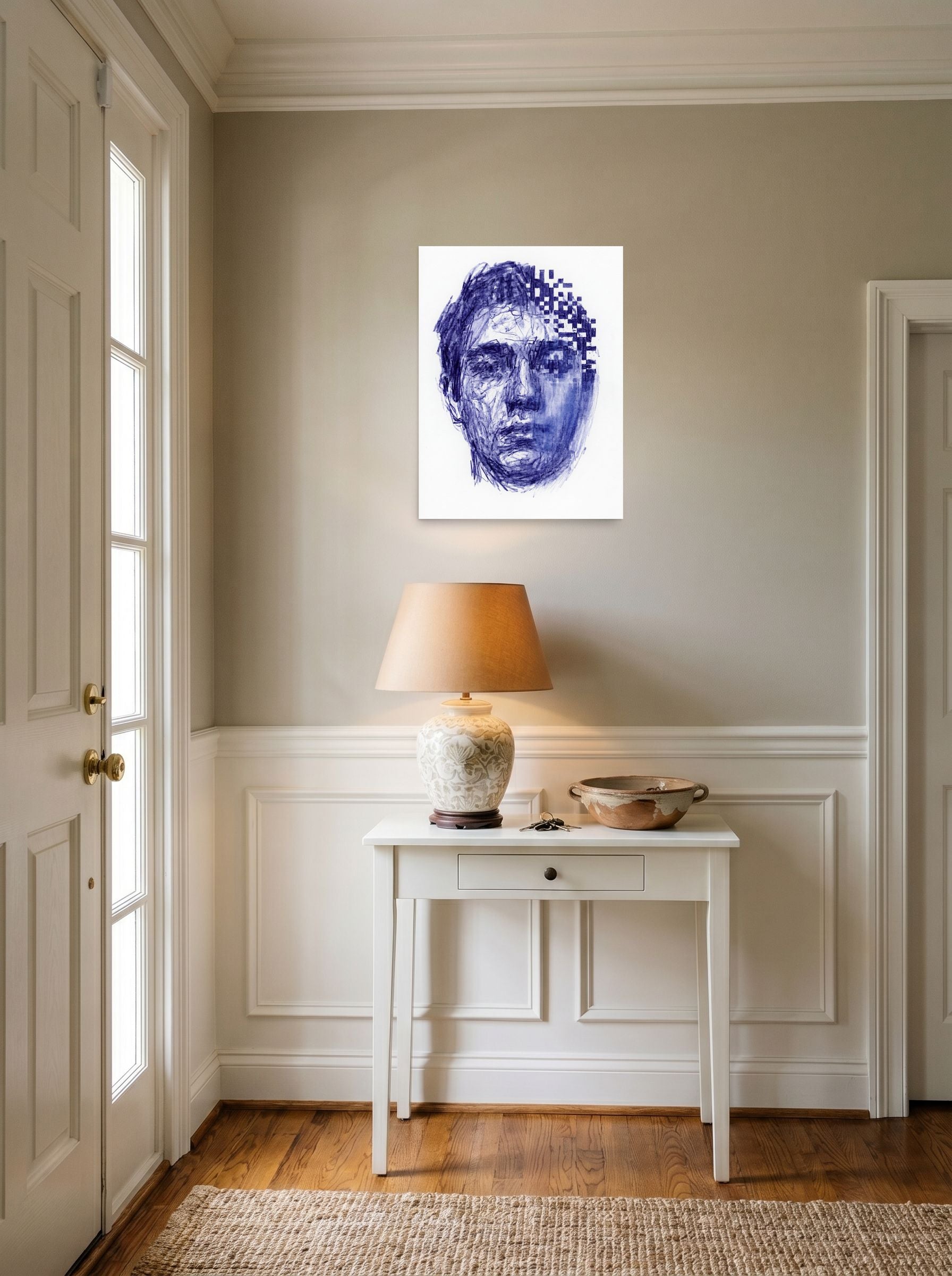 A 18x24 inch unframed paper Glitch art,Surrealism print of 'Digital Dissolution' hanging in an entryway near a console.