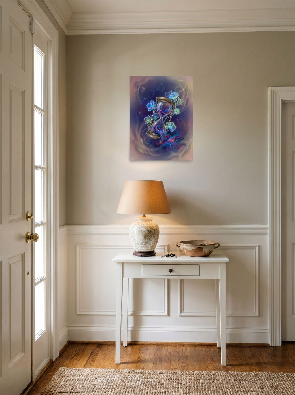 A 18x24 inch unframed paper Magic realism print of 'Sands of the Nebula' hanging in an entryway near a console.