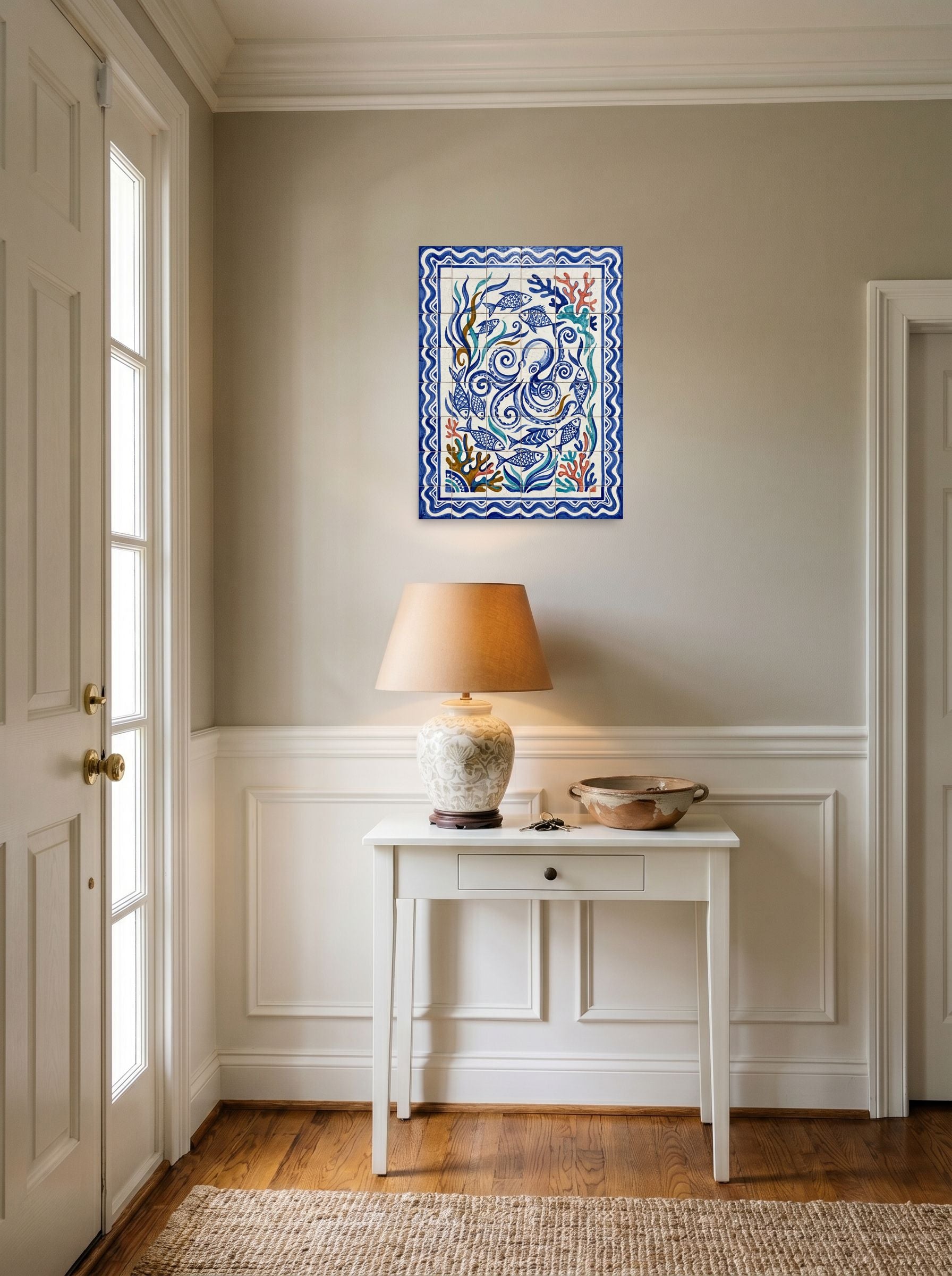 A 18x24 inch unframed paper Folk art print of 'Oceanic Swirl' hanging in an entryway near a console.