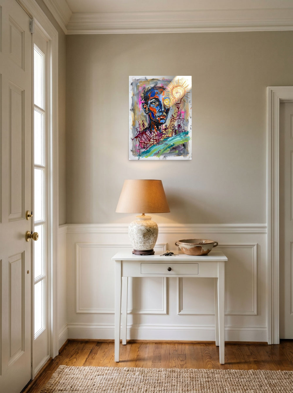'Spark of Consciousness' hanging in an entryway near a console, printed as unframed paper at 18x24 inch.