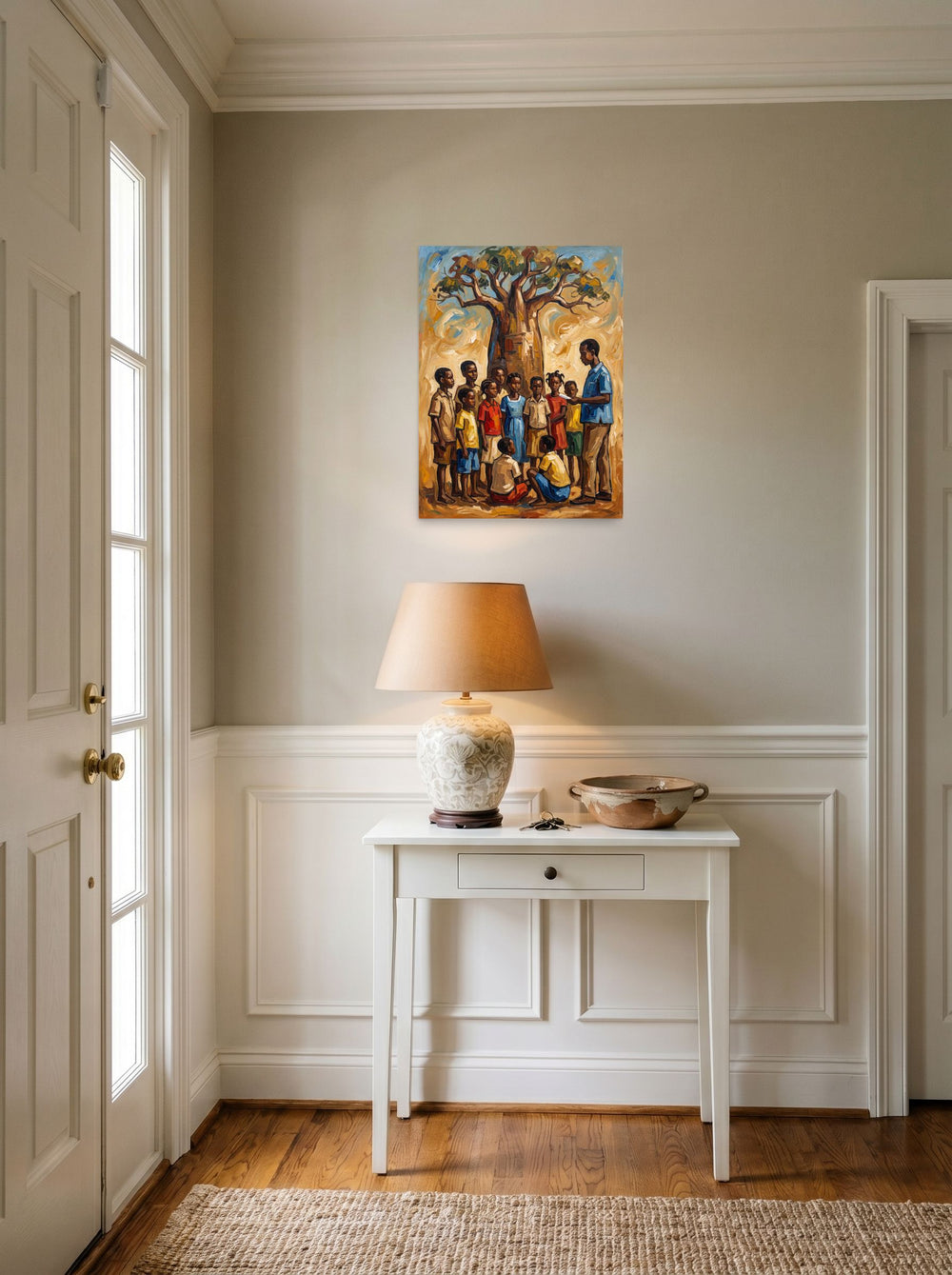 A 18x24 inch unframed paper Expressionism,Figurative art print of 'Baobab Lessons' hanging in an entryway near a console.