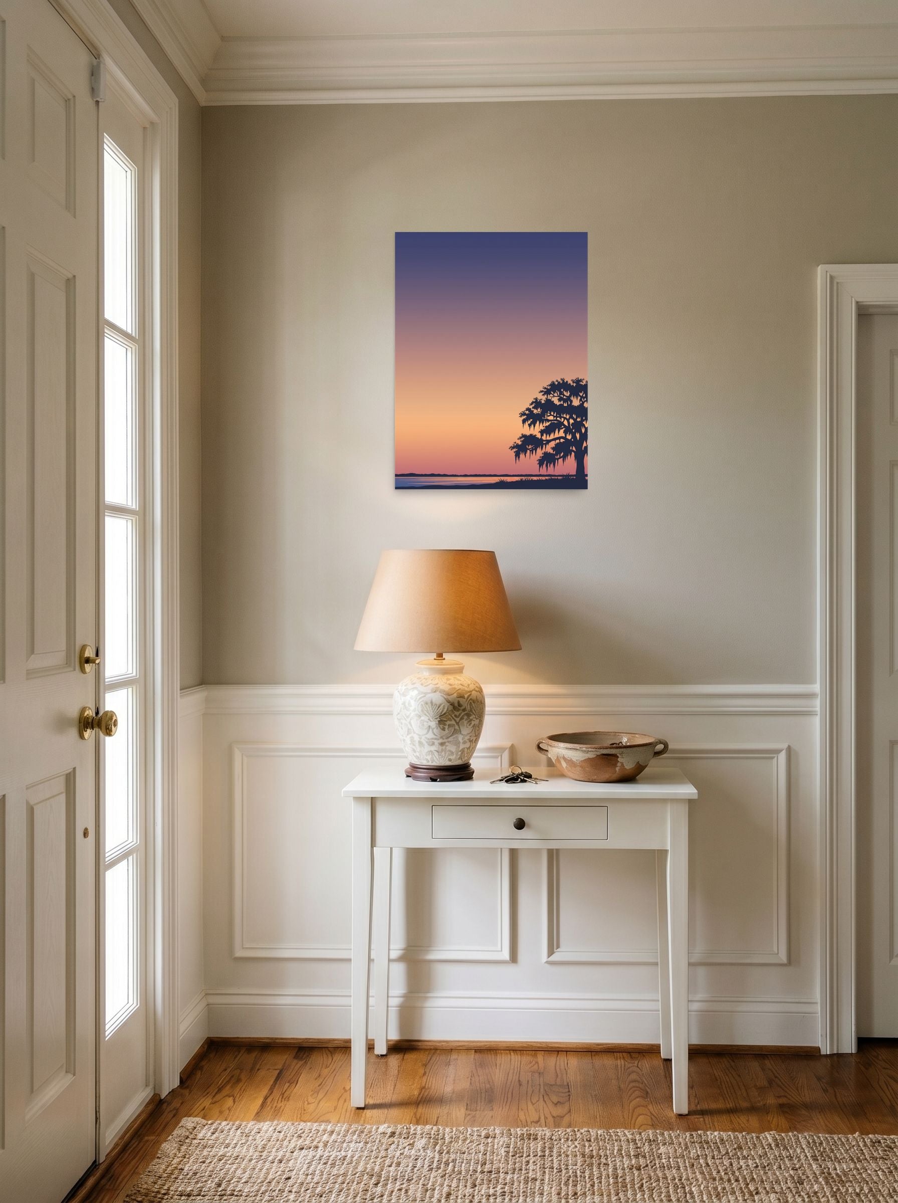 A 18x24 inch unframed paper Digital art,Minimalism print of 'Twilight Tranquility' hanging in an entryway near a console.