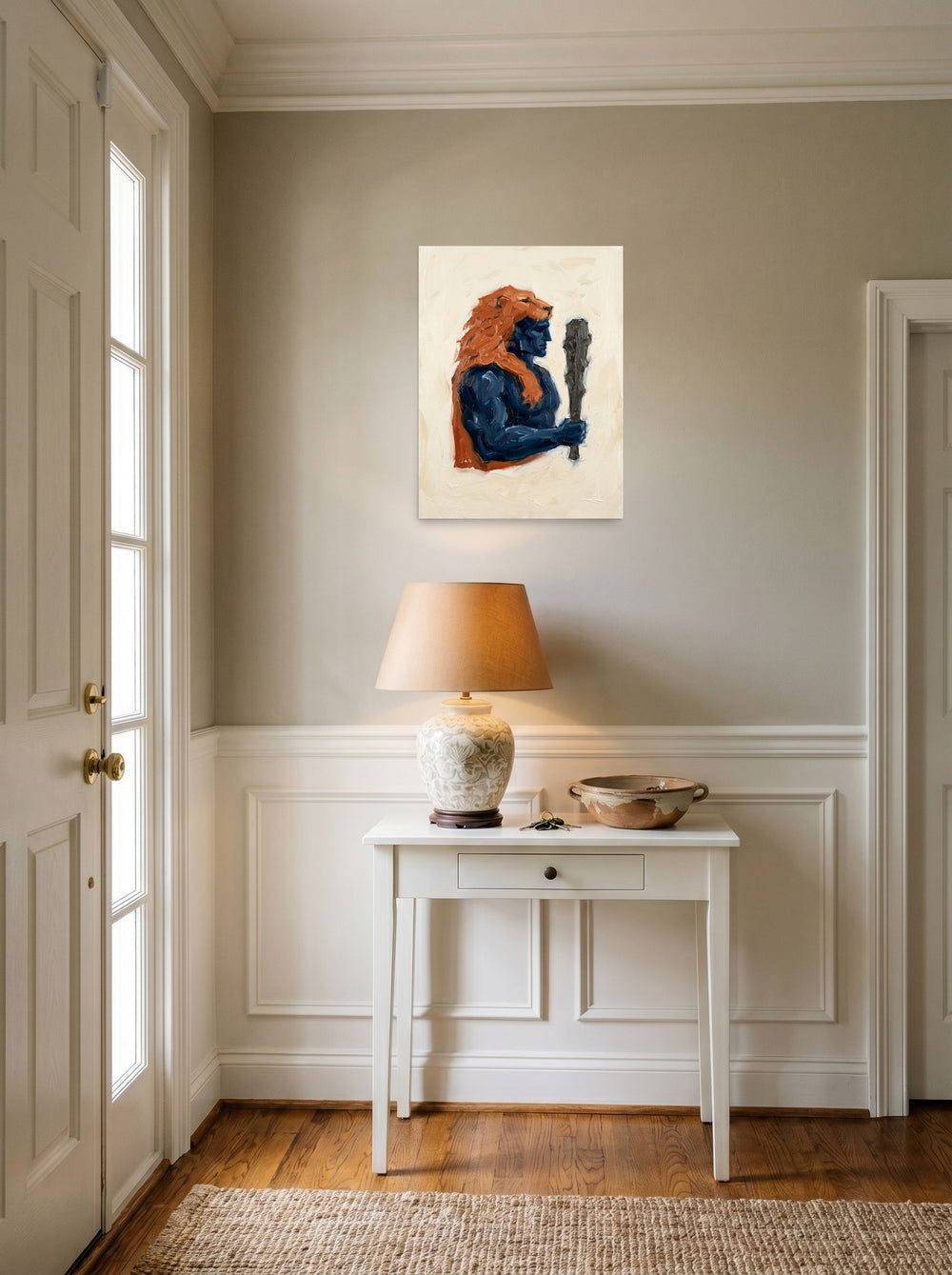 A 18x24 inch unframed paper Neo-expressionism,Figurative art print of 'Hercules's Mantle' hanging in an entryway near a console.