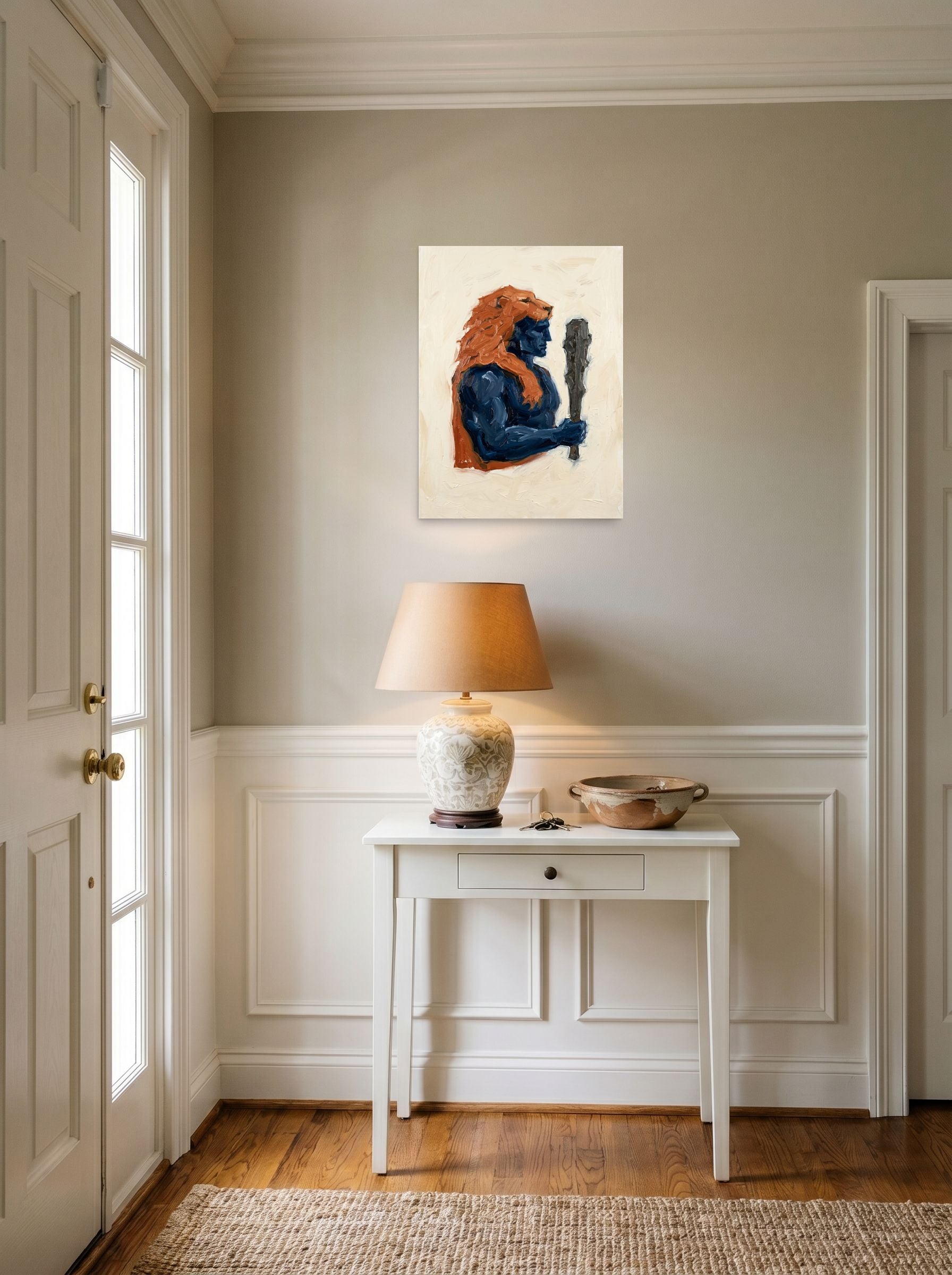 A 18x24 inch unframed paper Neo-expressionism,Figurative art print of 'Hercules's Mantle' hanging in an entryway near a console.