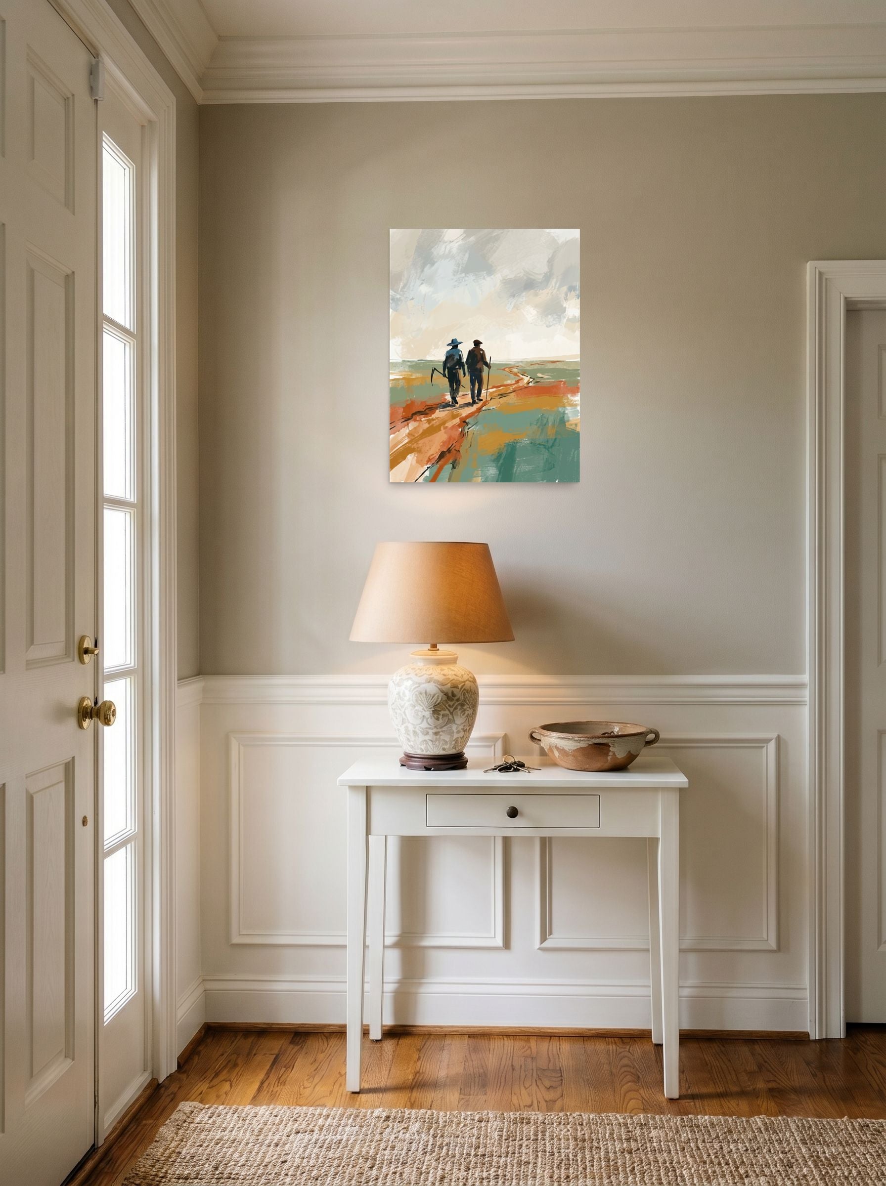 A 18x24 inch unframed paper Impressionism,Minimalism print of 'The Long Road Home' hanging in an entryway near a console.