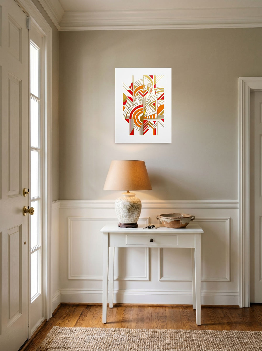 A 18x24 inch unframed paper Art Deco print of 'Radiant Deco Abstract' hanging in an entryway near a console.