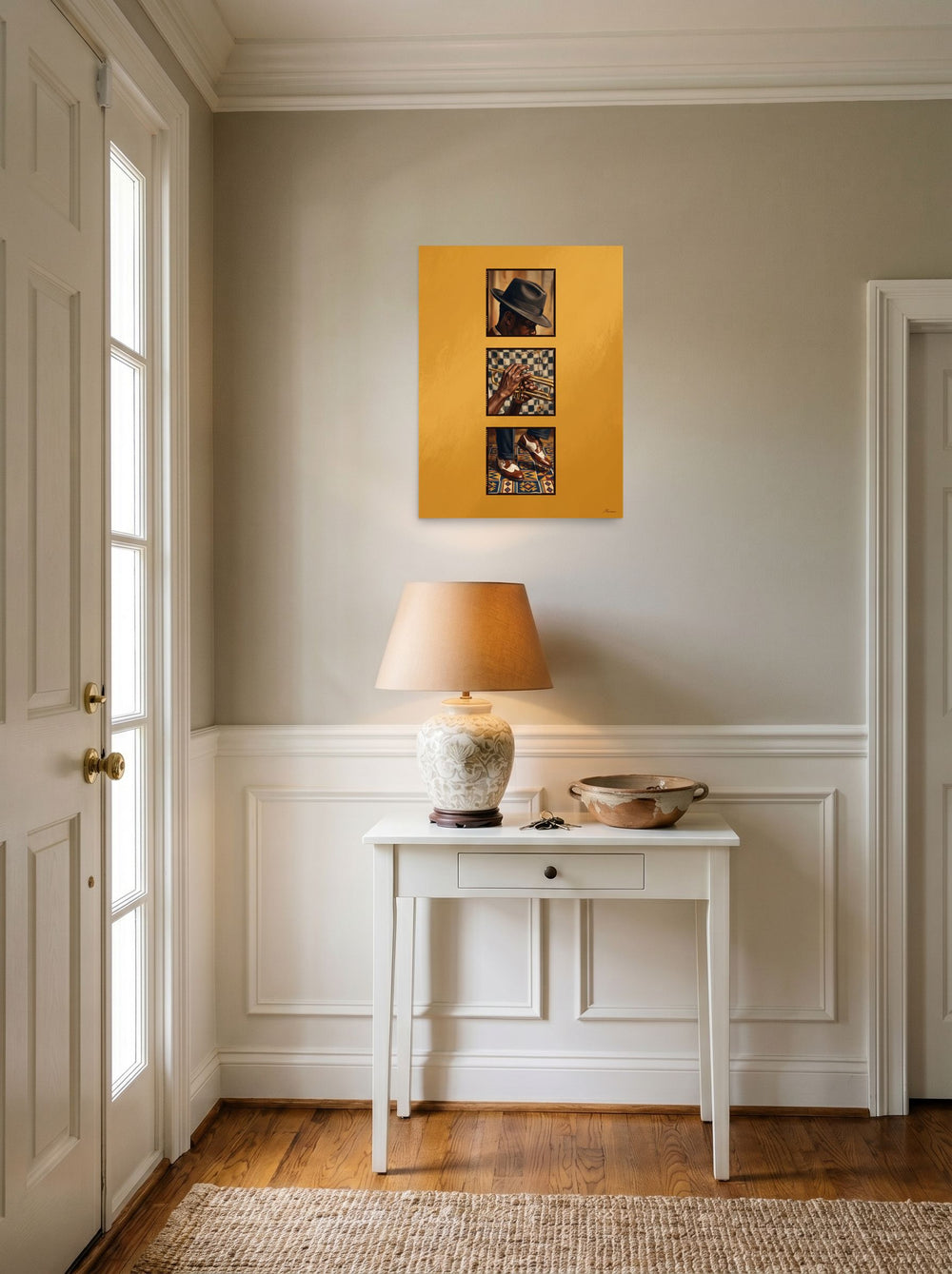 A 18x24 inch unframed paper Harlem Renaissance,Realism print of 'Triptych in Brass' hanging in an entryway near a console.