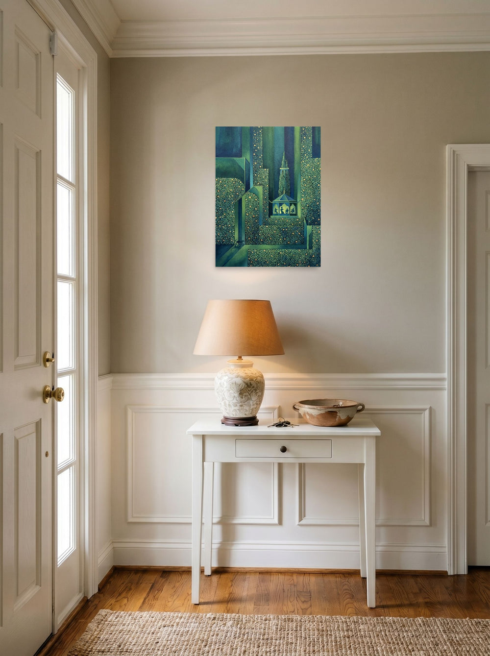 A 18x24 inch unframed paper Art Deco print of 'Starlight Serenade' hanging in an entryway near a console.