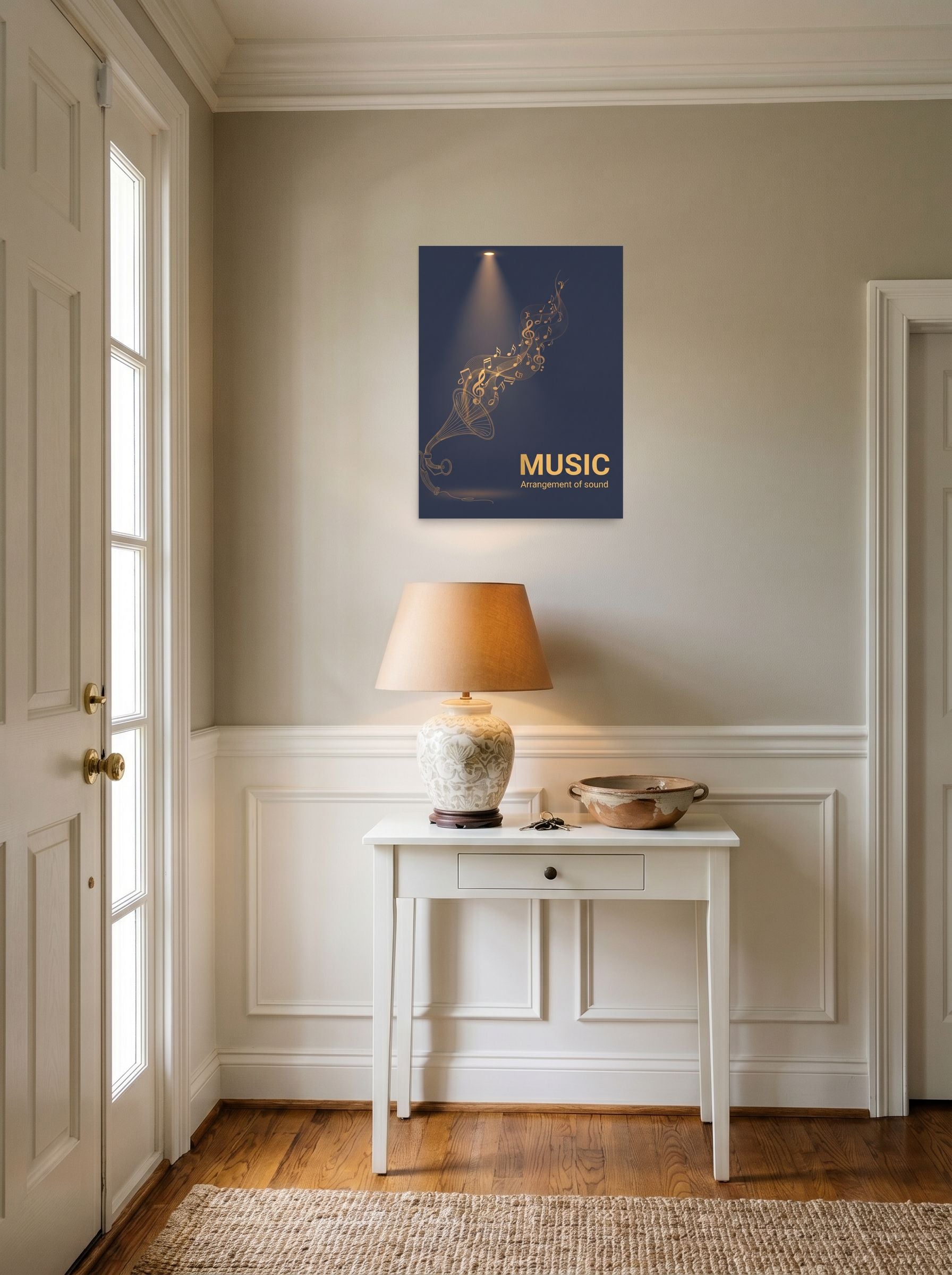 A 18x24 inch unframed paper Art Deco print of 'Golden Melody' hanging in an entryway near a console.