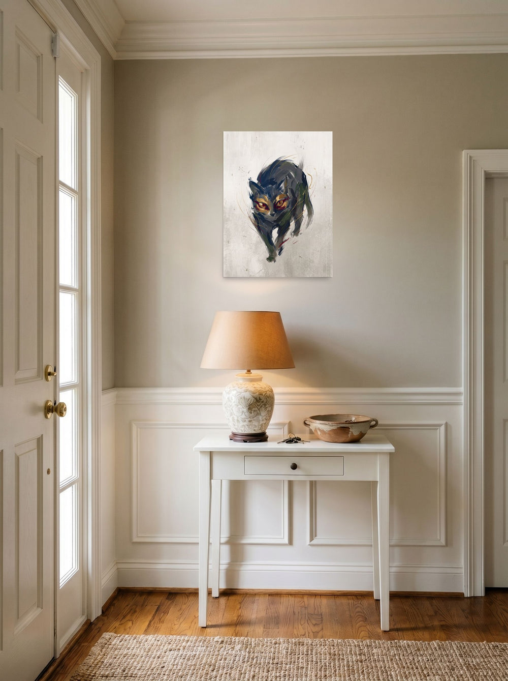 'Eyes of Bastet', a Expressionism print hanging in an entryway near a console. Shown as unframed paper, 18x24 inch.