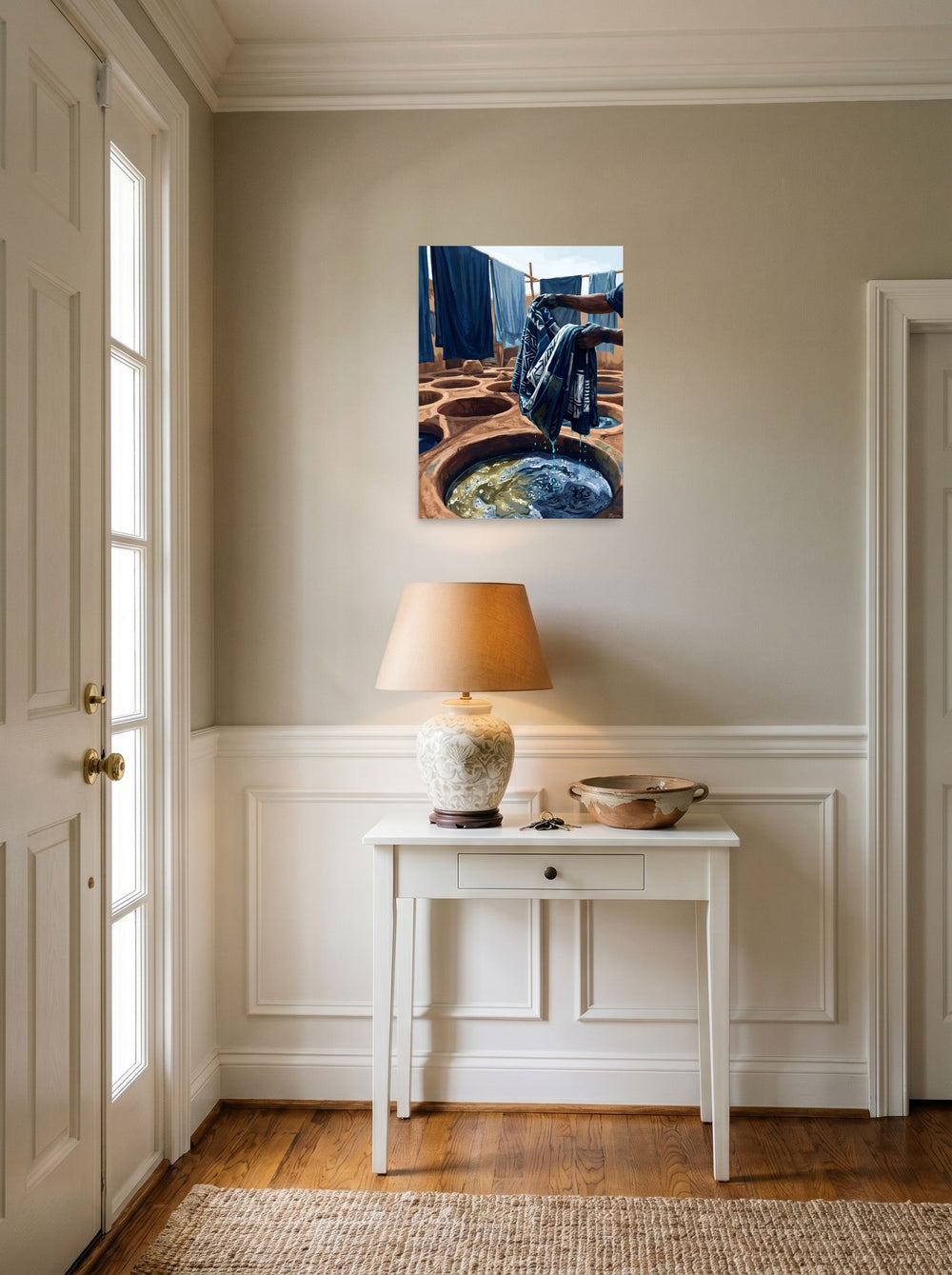 'The Indigo Dyer', a Realism print set against a bright entryway wall. Shown as unframed paper, 18x24 inch.