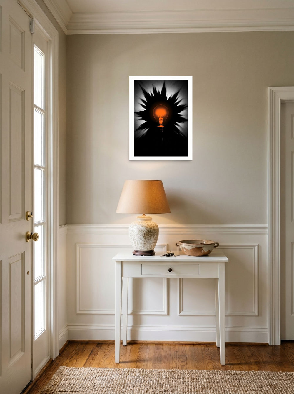 'Spark of Innovation' set against a bright entryway wall, printed as unframed paper at 18x24 inch.