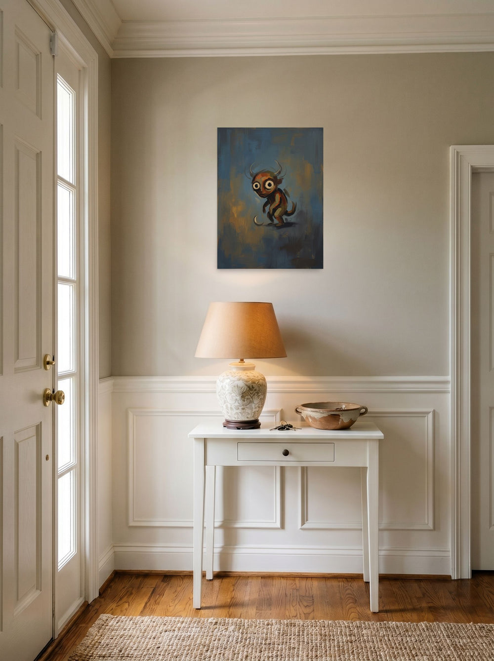 Lowbrow wall art 'The Curious Imp', unframed paper at 18x24 inch, set against a bright entryway wall.
